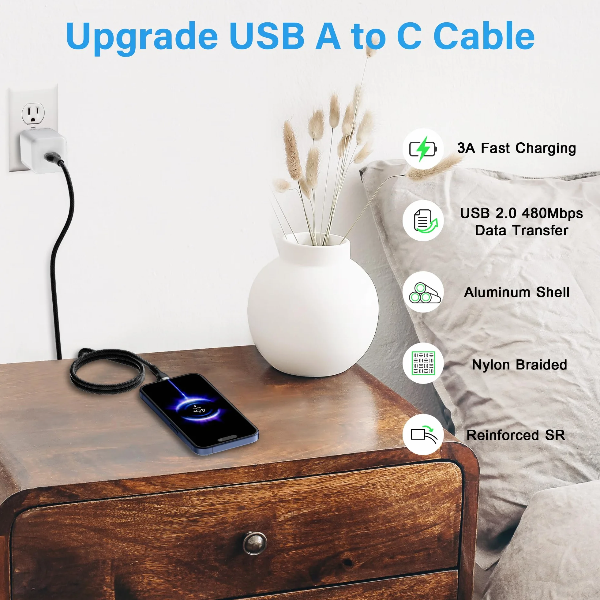 Zestaw 10 kabli USB C (1,2 m) USB A do USB z funkcją szybkiego ładowania, kompatybilne z iPhone 17, iPhone Air, iPhone 17 Pro, iPhone 17 Pro Max, iPhone 16/15, Galaxy S24, LG, Car Play i nie tylko