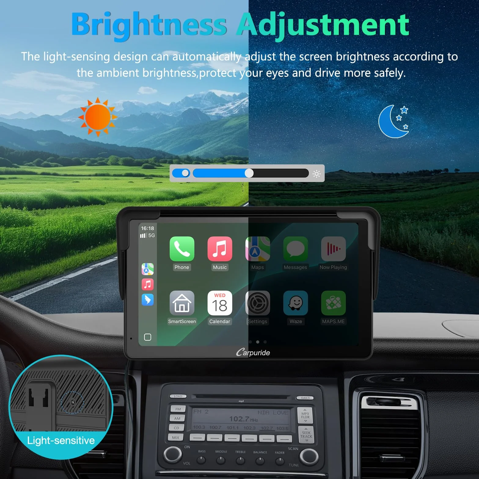 Carpuride Samochodowe stereo, przenośne bezprzewodowe Carplay i Android Auto, 7-calowe radio z ekranem dotykowym 1080P HD z BT 5.0, lusterko łączące wsparcie ciężarówki RV Dash Mount