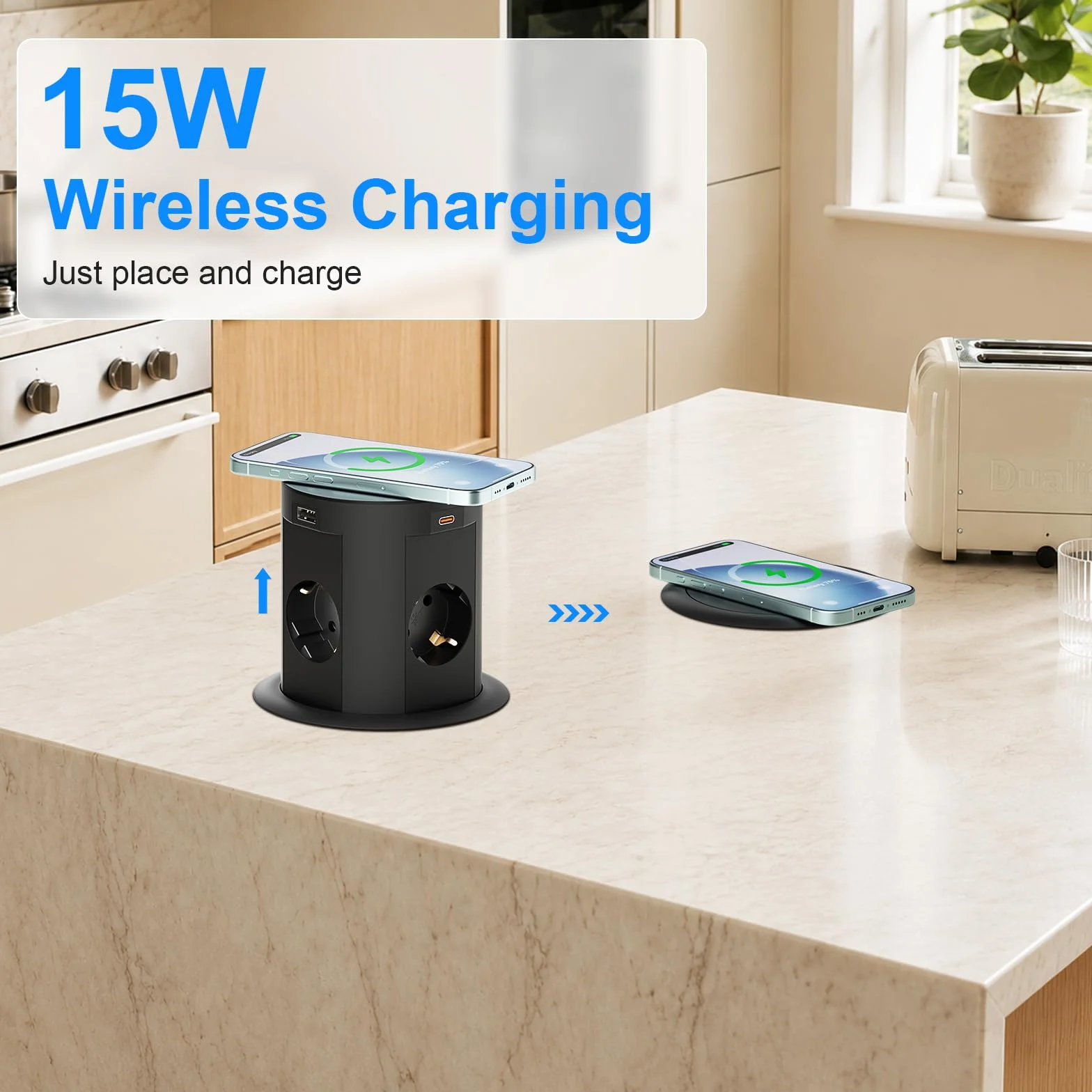 Wysuwane gniazdko elektryczne z bezprzewodowym ładowaniem 15 W, 4 USB, gniazdko stołowe do kuchni, biura i blatu roboczego, kabel 1,8 m, Ø 100 mm, czarne