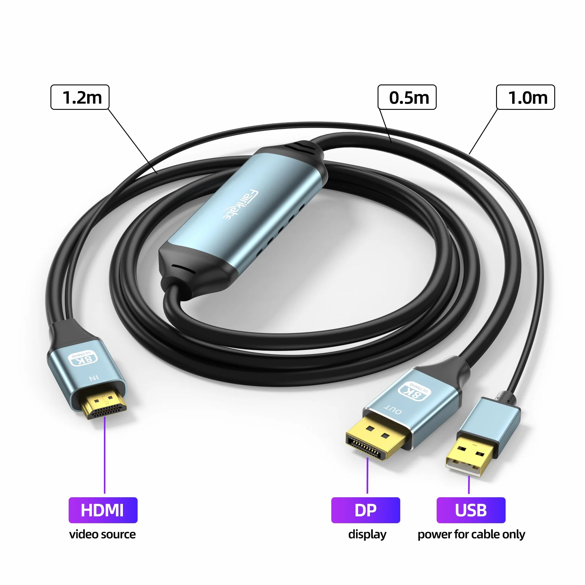 Adapter HDMI na DisplayPort 8K@60Hz, 4K@144Hz / 2K@240Hz, 1,5 m – Konwerter HDMI 2.1 na DP 1.4 do monitorów gamingowych – Aktywny kabel HDMI na DisplayPort do PS5, Xbox i komputerów gamingowych