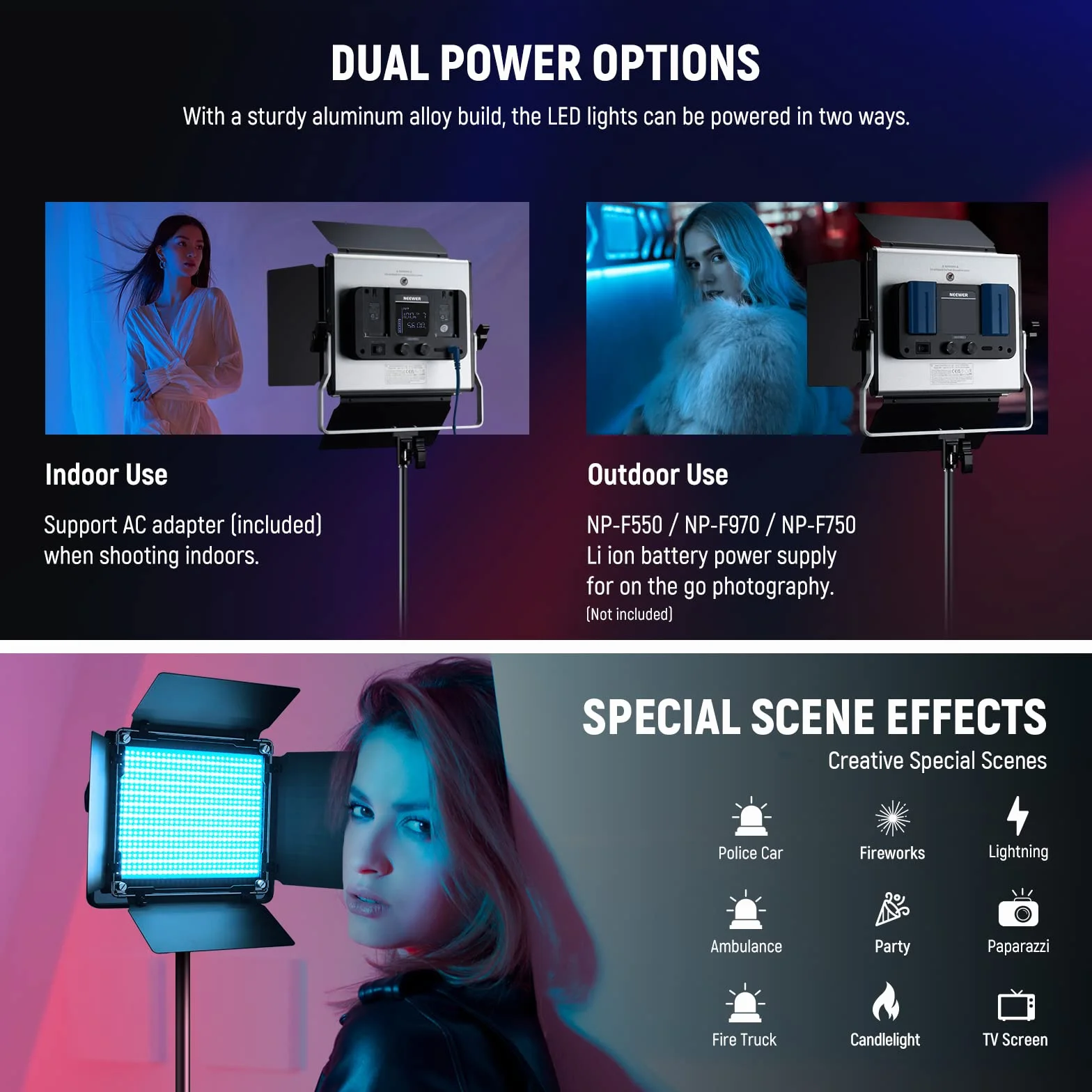 NEEWER Ulepszony panel LED RGB 660PRO II Wideo Light z kontrolą aplikacji i wsparciem, stałe 2 sztuki 50 W bez zmiany koloru/1% dokładnego minimalnego ściemniania/360°RGB/CRI97+/3200K ~5600K do