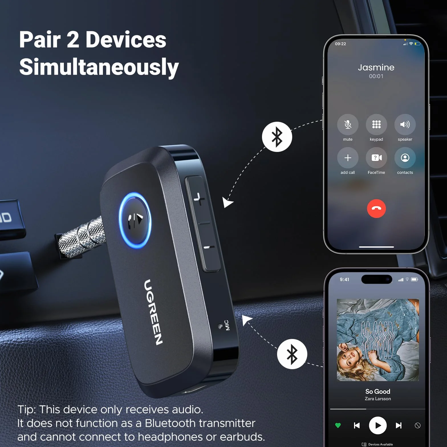 UGREEN Adapter Bluetooth 6.0 Samochodowy z Gniazdem AUX 3.5 mm i Mikrofonem Głośnomówiący Czarny