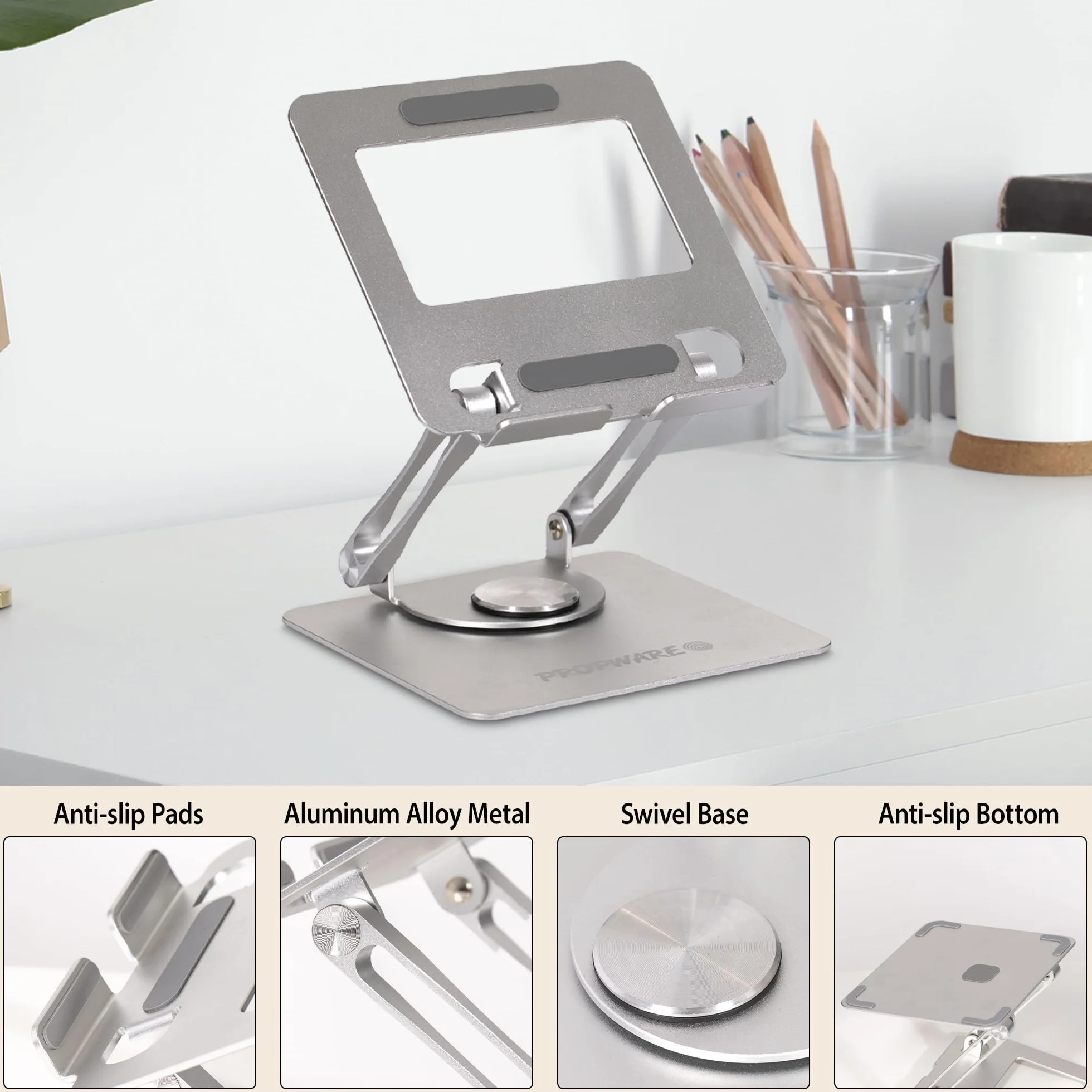 Aluminiowy tablet, telefon, przenośna konsola do gier o przekątnej do 15 cali z obrotową podstawą 360°, ergonomicznie regulowana, składana, idealna do kuchni lub biurka (srebrny)
