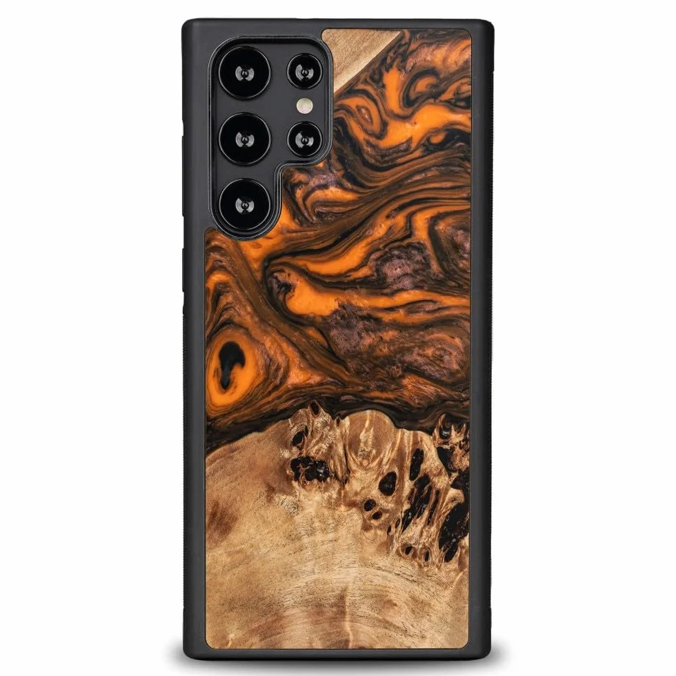 Unikalne etui kompatybilne z Samsung Galaxy S23 Ultra, ręcznie wykonane etui ochronne z naturalnego drewna i żywicy, pomarańczowe, odporne na uderzenia, kompatybilne z MagSafe