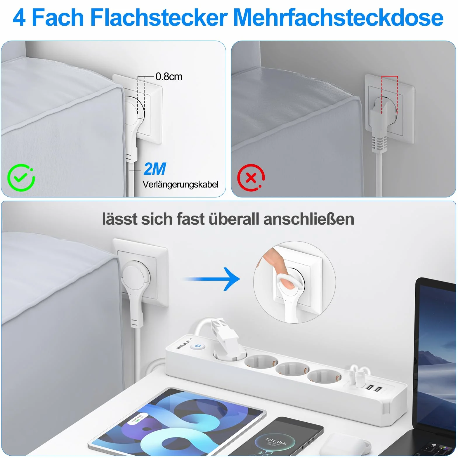 Darbony Listwa zasilająca z 4 gniazdami USB, z przełącznikiem, 4-krotna, ochrona przed przepięciem, 3680 W, 16 A, z gniazdem rozdzielającym USB C, do biura, odtwarzacz CD, kabel 1,8 m, biała