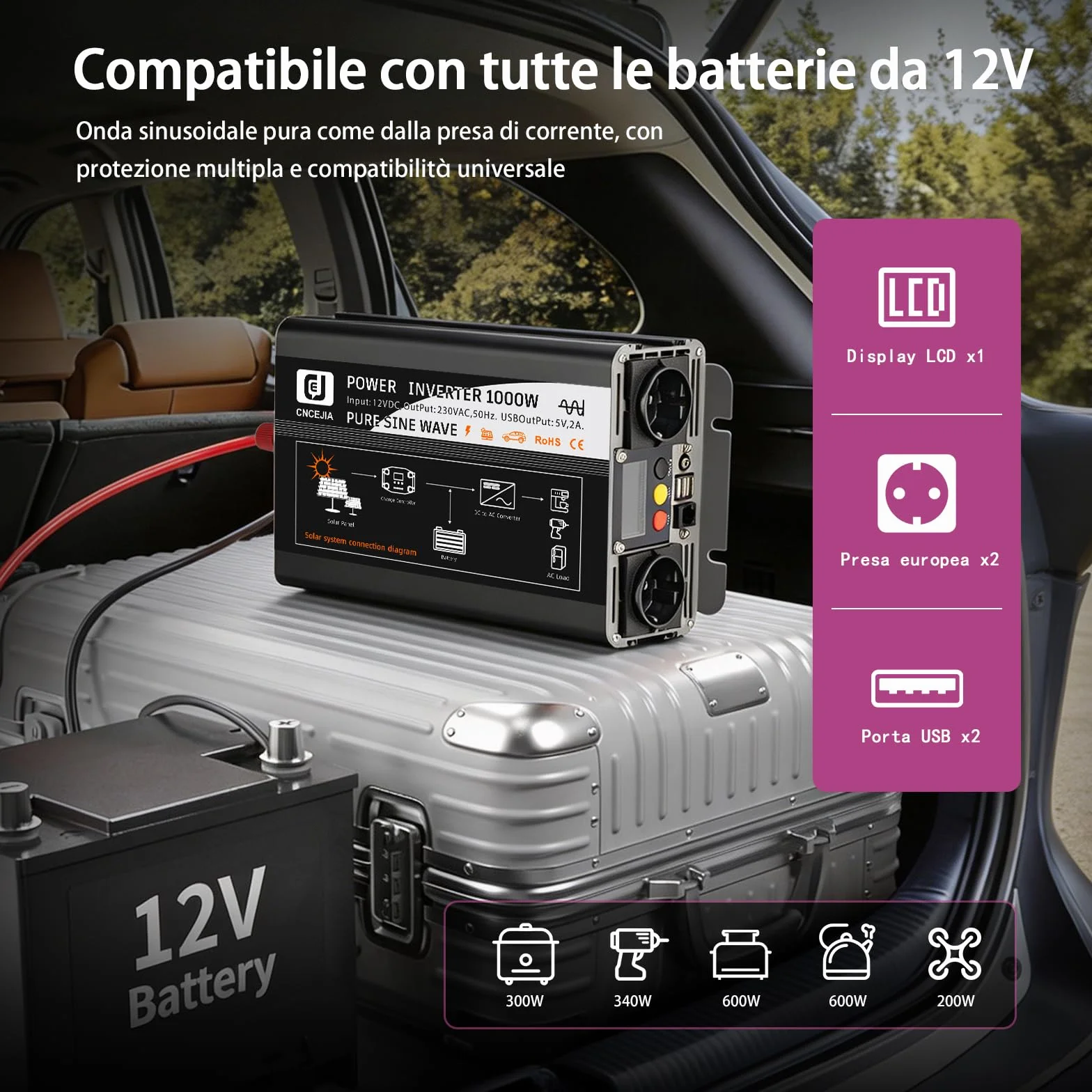 przetwornica napięcia 1000 W, czysta sinusoidalna 12 V na 230 V, z 2 portami USB, 2 gniazdami LCD, do samochodu, kampera, na kemping (czarny)