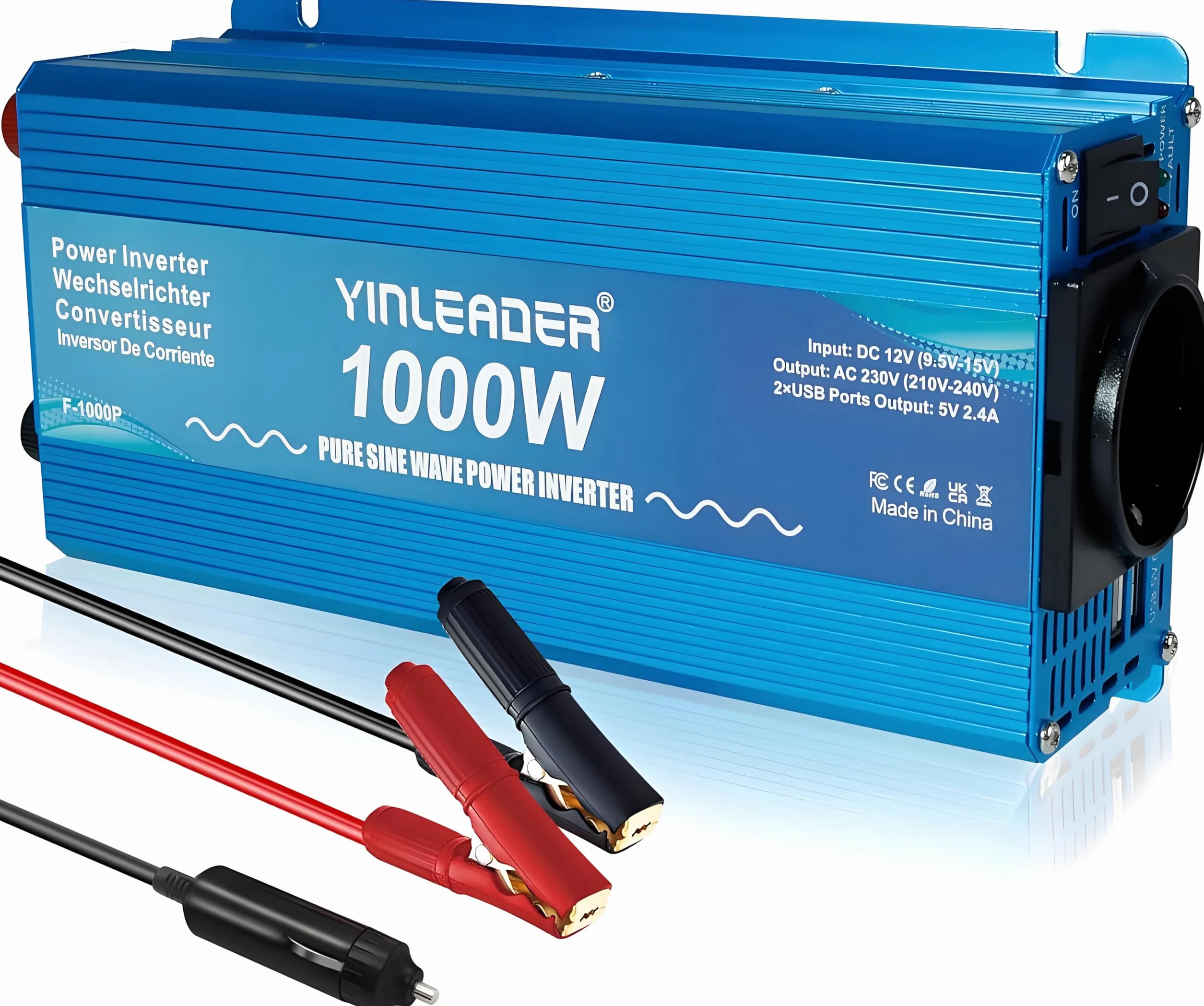 Yinleader Konwerter 1000 W, 12 V, 230 V, czysty falownik, 12 V, 220 V, przetwornica napięcia, 2 porty USB, gniazda AC, do samochodu kempingowego