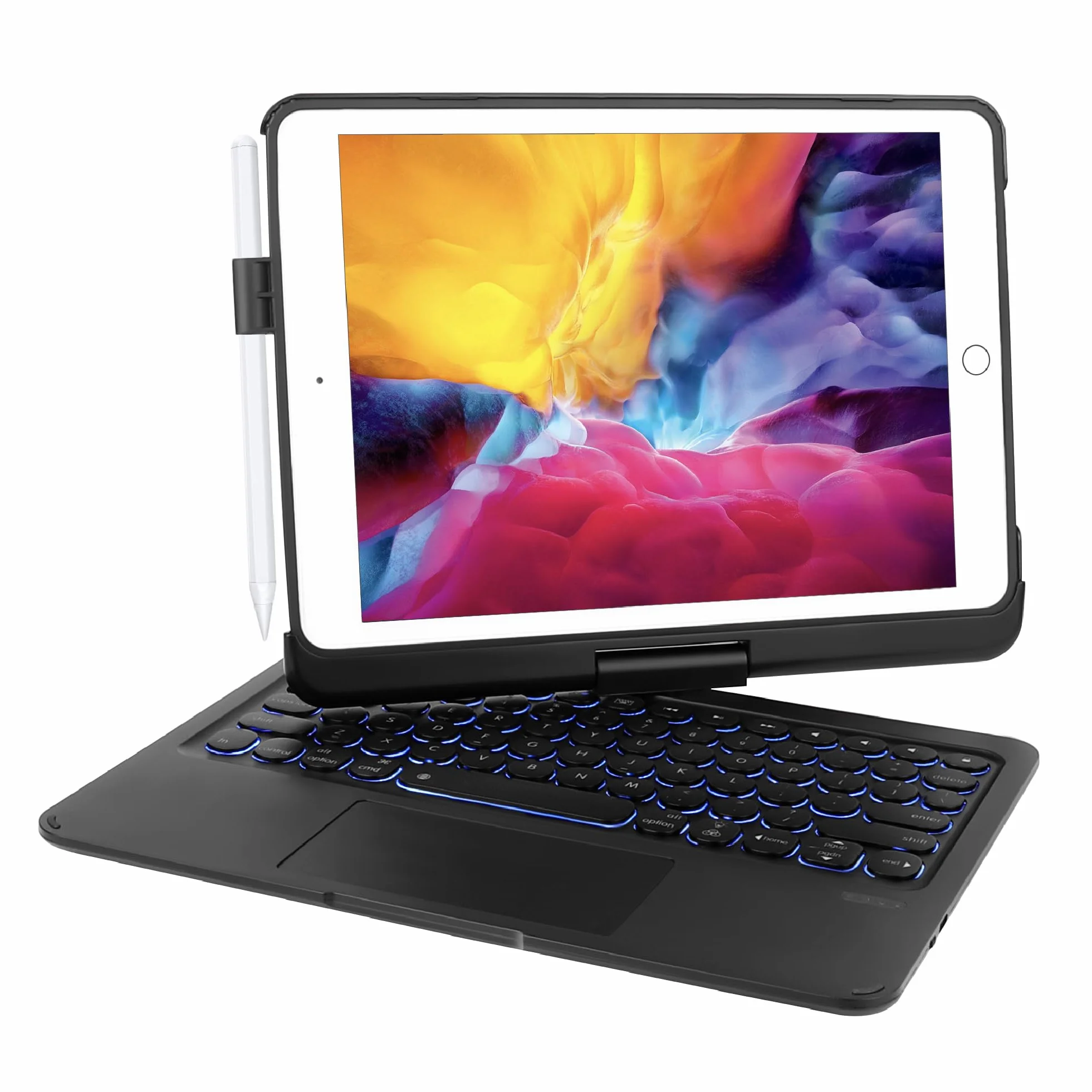 Etui na klawiaturę do iPad Pro 6/5 generacji 2018/2017 9,7", 360°, iPad Air 2/Air 1, bezprzewodowa klawiatura Bluetooth z touchpadem, 7-kolorowe oświetlenie (czarne)