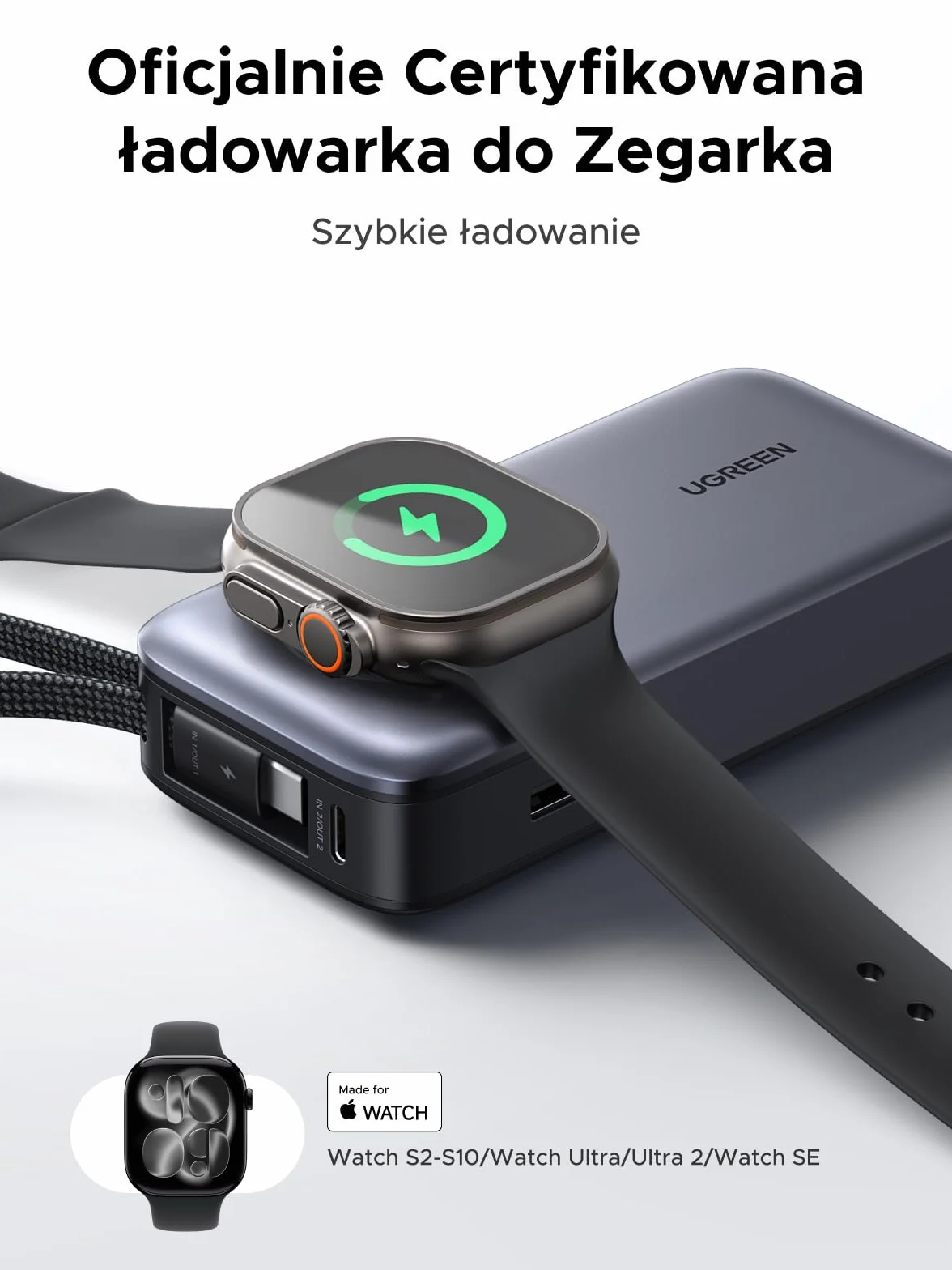 UGREEN Nexode 10000mAh Power Bank for iWatch (5W) z USB-C 30W | Oficjalnie Certyfikowane, Zintegrowany Kabel, Ekran LED, iPhone 17-12, do podróży i dojazdów do pracy