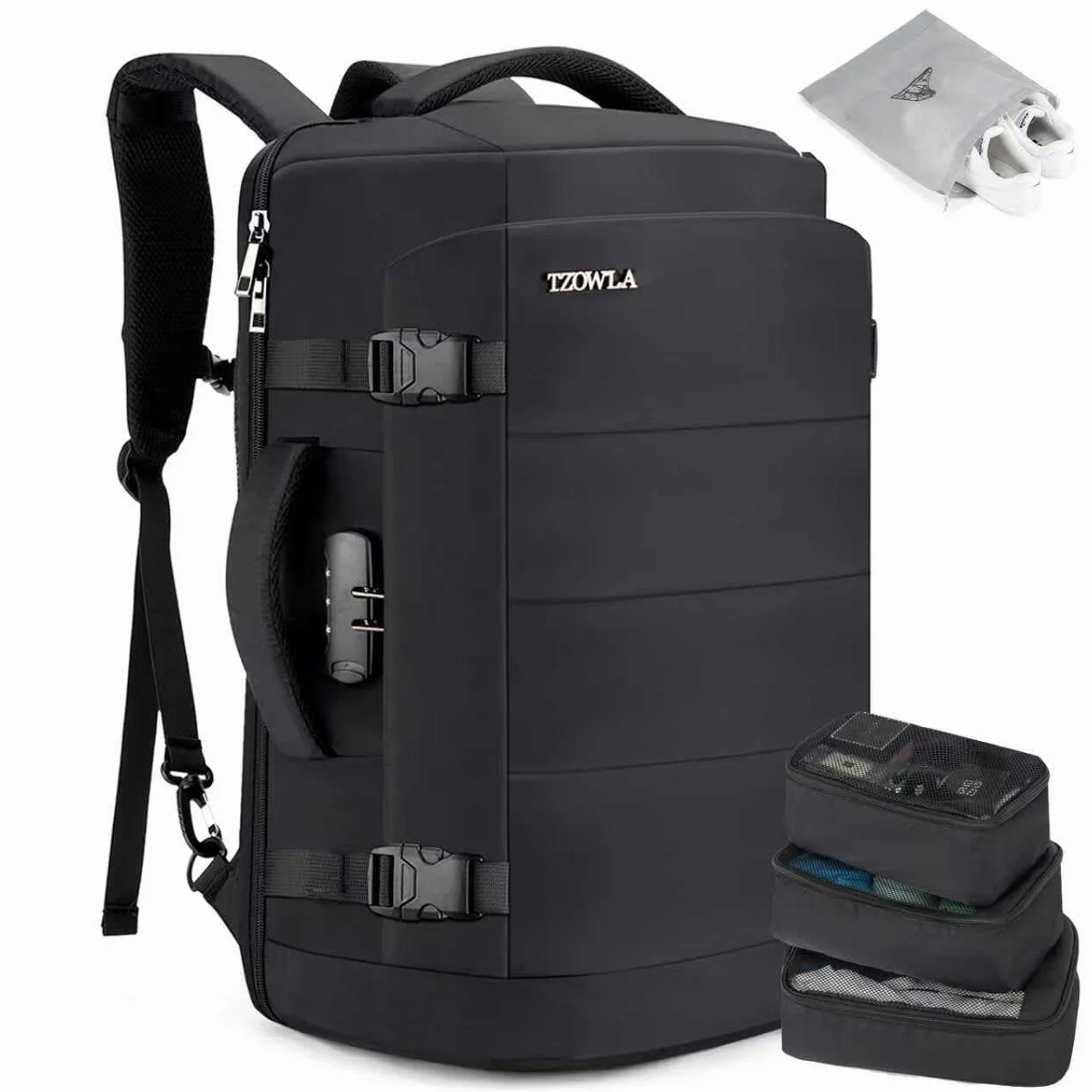 Tzowla 40L Plecak Podróżny na Laptopa dla Mężczyzn i Kobiet Podręczny Lot Zatwierdzony,Plecak Wodoodporny Antykradzieżowy z Portem USB,Biznesowy Codzienny Plecak na Komputer 17,3 Cala-Czarny