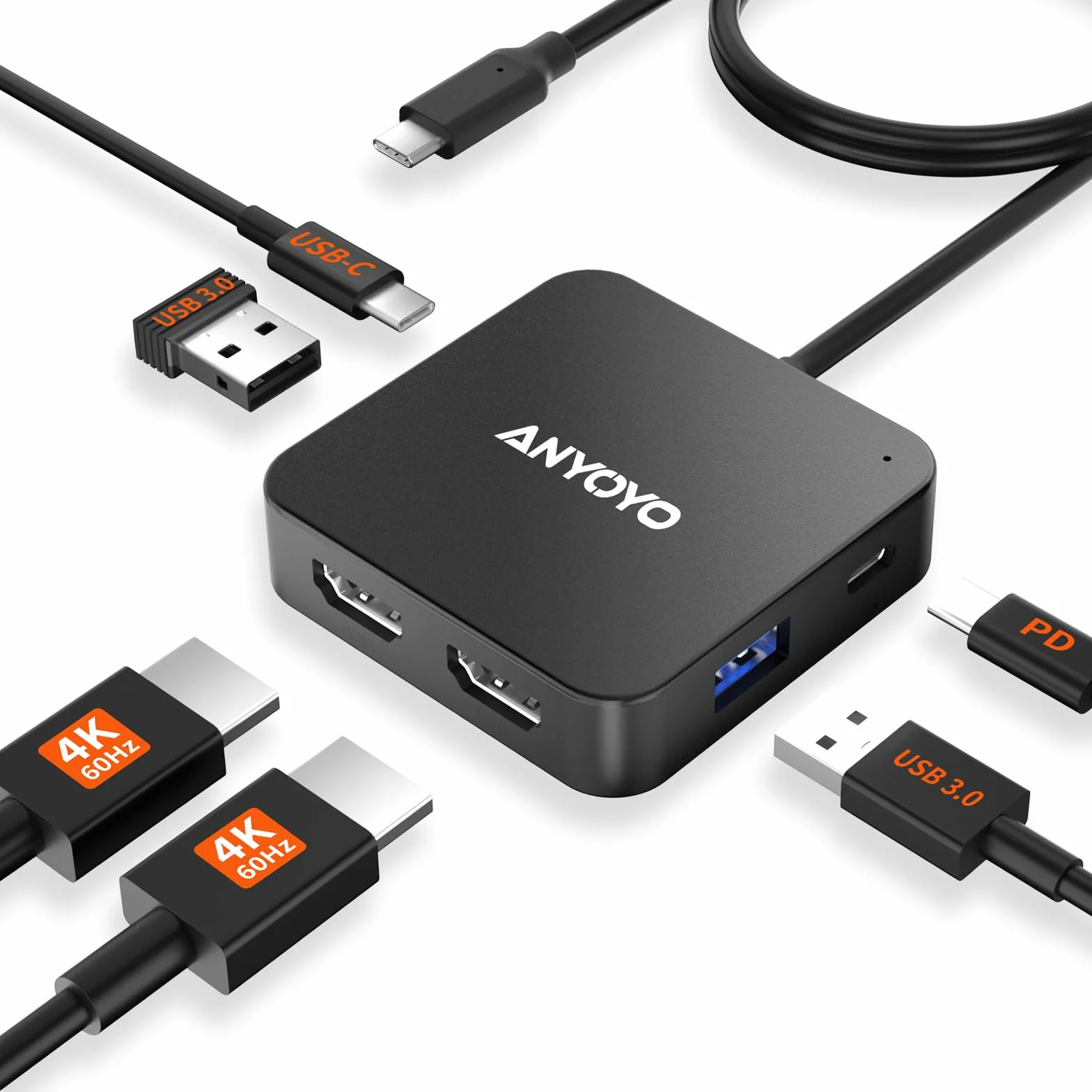 Anyoyo Stacja dokująca USB C Dual HDMI 4K 60 Hz, koncentrator z długim kablem 60 cm do biura, stacja dokująca 6 w 1 PD 100 W, 2 USB 3.0, wieloportowy adapter typu C do MacBook Air/Pro M1 M2 M3, Dell