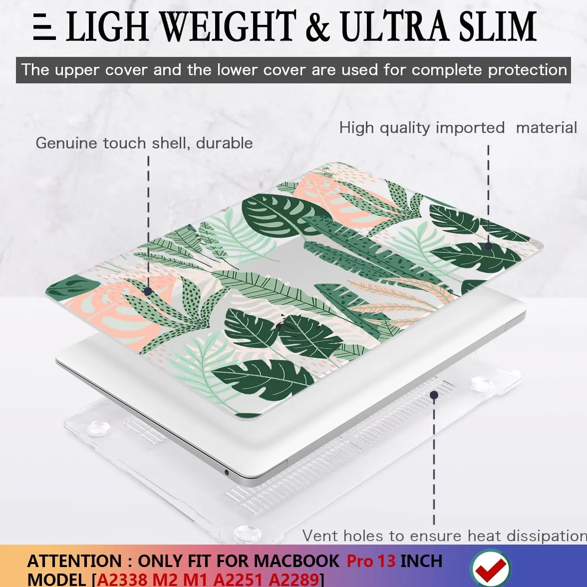 CISSOOK Palm do MacBooka Pro 33.0 cm etui 2023, 2022, 2021, 2020, układ M2, A2338, M1, A2251, A2289, z paskiem dotykowym, tropikalna twarda obudowa z klawiaturą do MacBooka Pro 13, tropikalne liście
