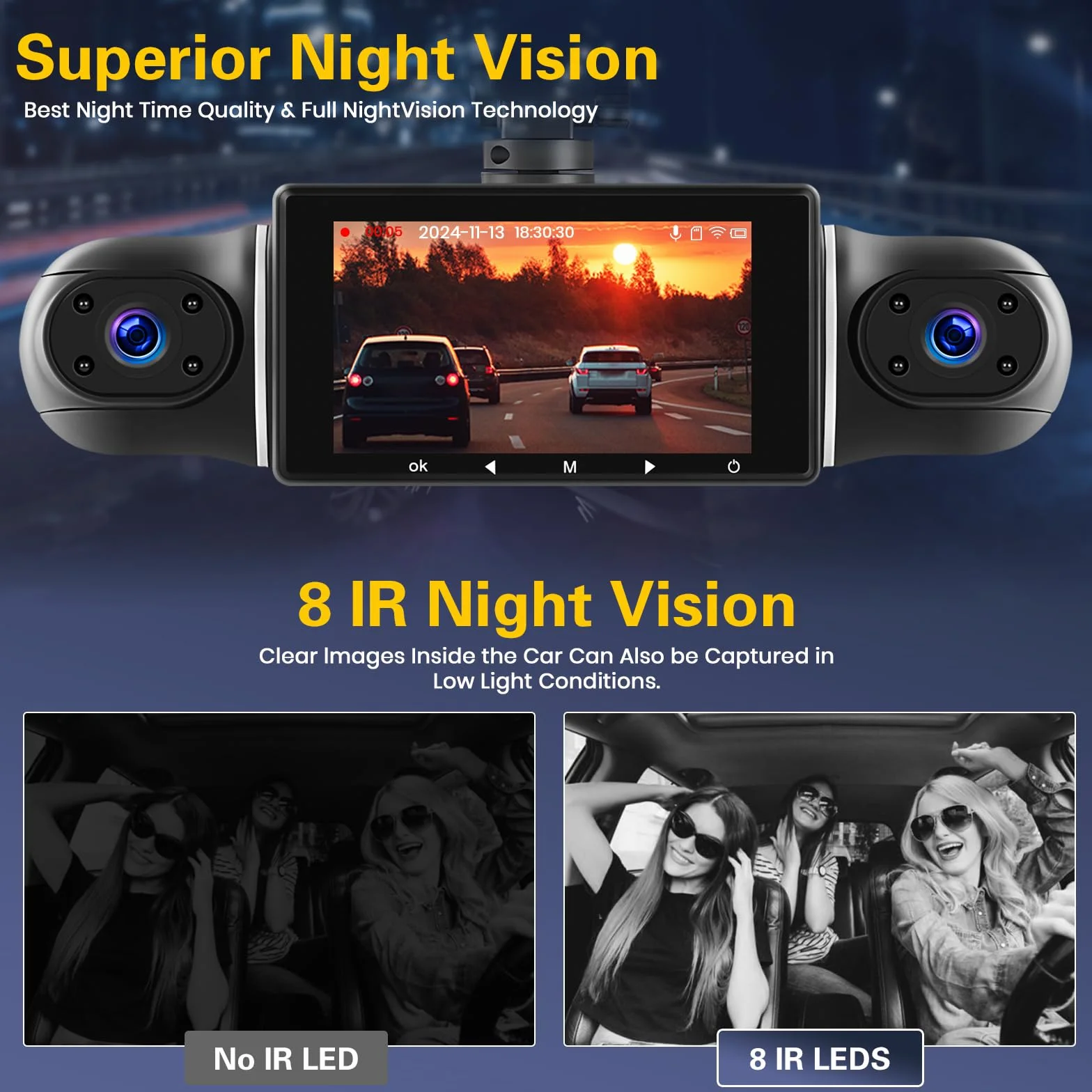 Hikity 3.0" DVR 1080P WiFi kamera samochodowa kamera samochodowa z aplikacją sterującą aplikacją z kartą SD 64 GB szerokokątny kąt 360°, monitorowanie parkowania 24 h, czujnik G, nagrywanie w pętli