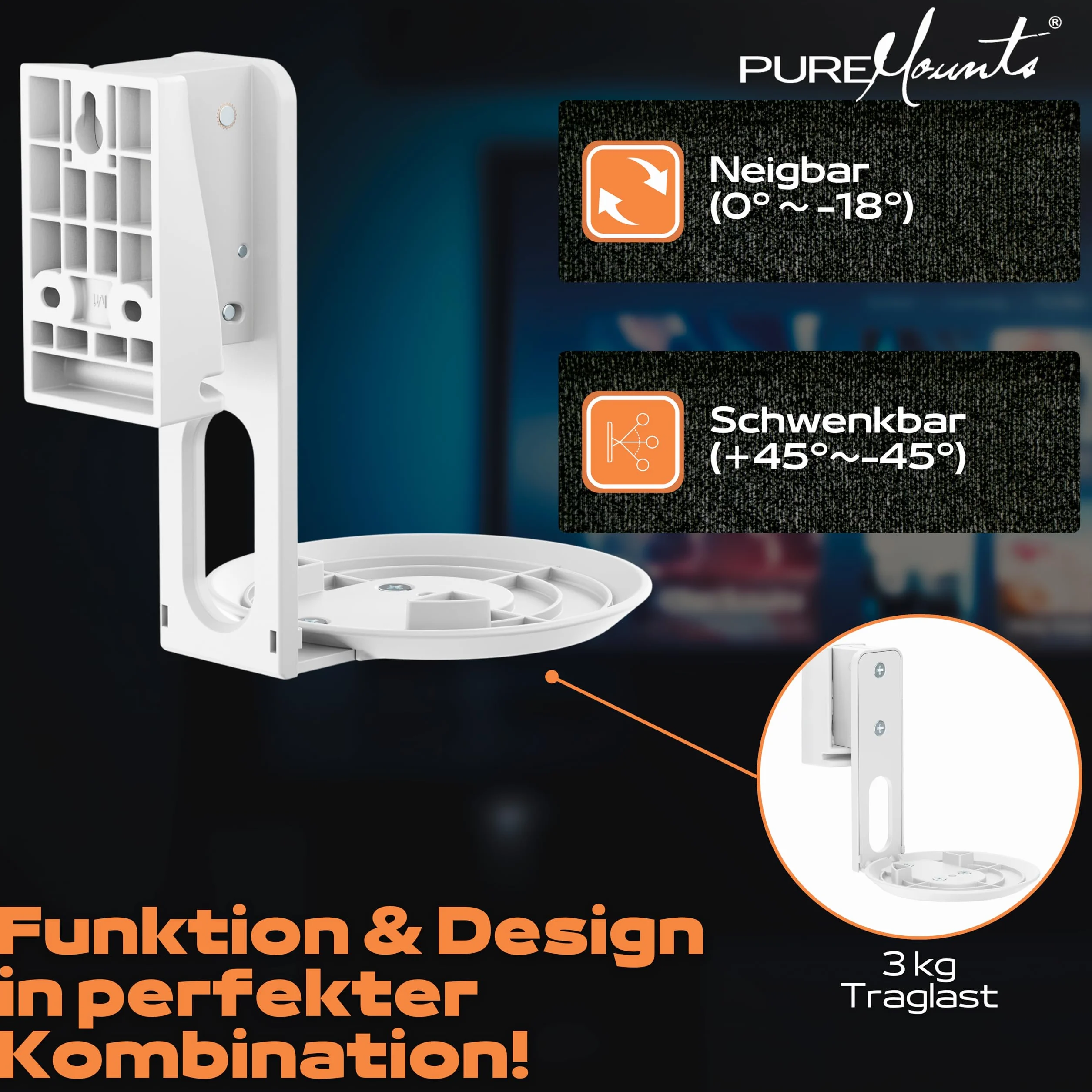 PureMounts Uchwyt ścienny do Sonos Era 100, wychylny +/-45°, nachylenie 0/-18°, udźwig 3 kg, biały