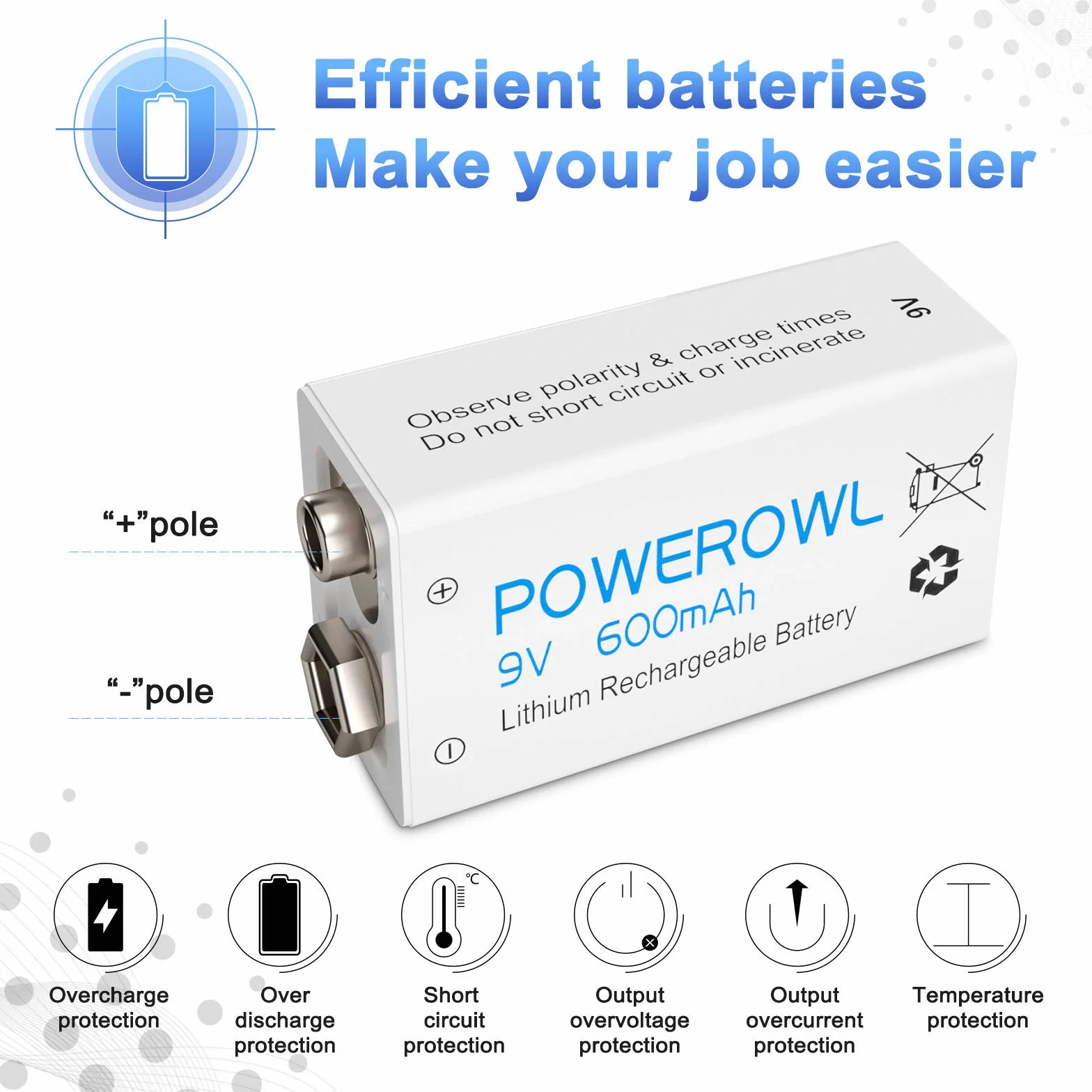 Akumulator 9 V z ładowarką, akumulatory POWEROWL 600 mAh 9 V do mikrofonu, czujnika dymu i innych urządzeń (niski poziom samorozładowania - 4 sztuki)