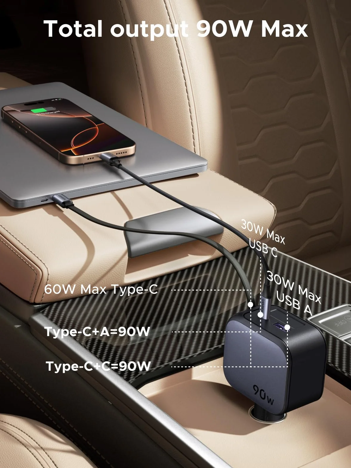 UGREEN 3 w 1 zapalniczka samochodowa 90W chowana ładowarka samochodowa 60W wbudowany kabel USB-C akcesoria samochodowe 12 V zasilacz samochodowy do iPhone 17/16/15, Macbook, Galaxy S25/24, GPS itp