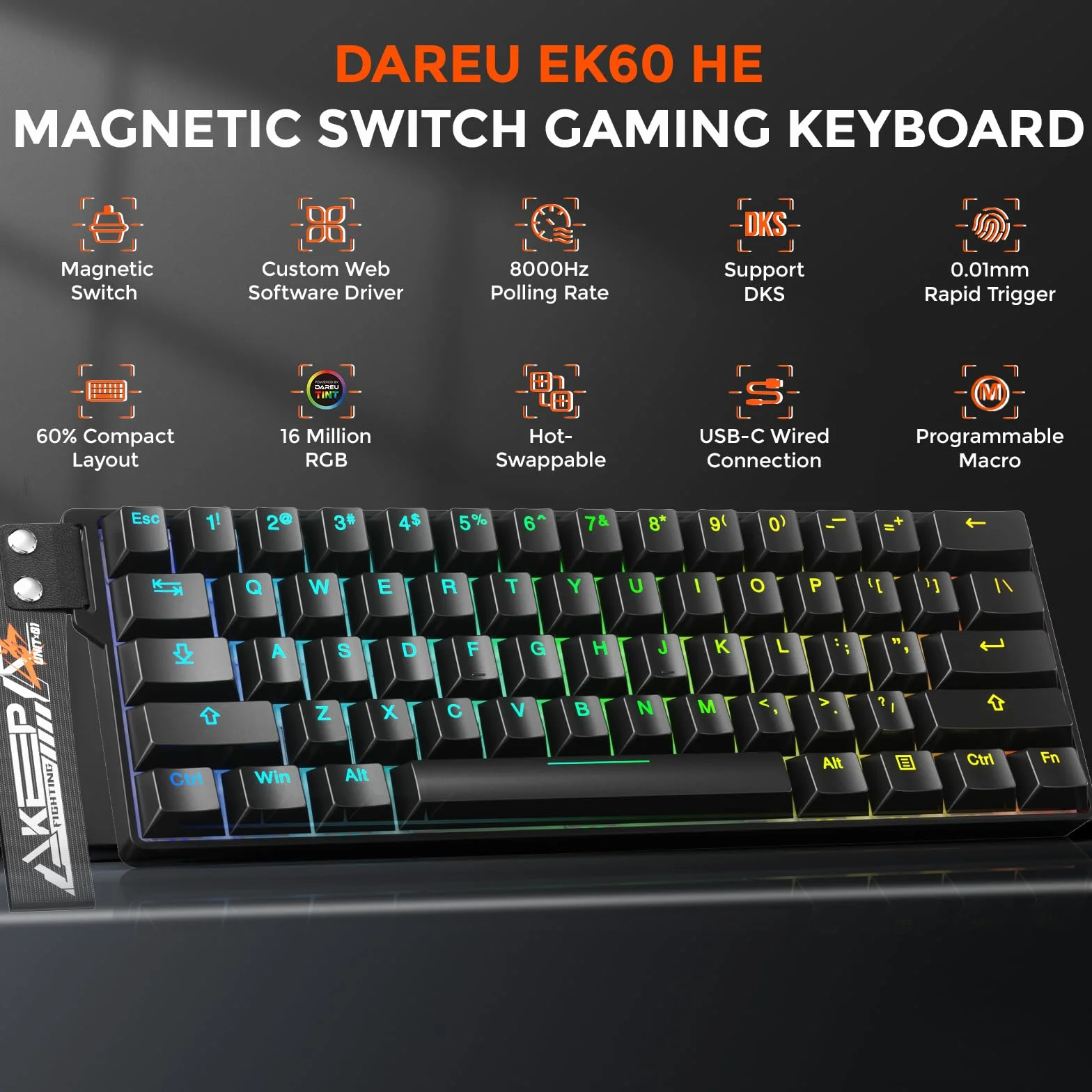 DAREU EK60 HE Klawiatura do gier 8K Hz Rapid Trigger 60% przewodowa | klawiatura magnetyczna ze zdejmowanym paskiem ozdobnym, dokładność 0,01 mm RT, przełączniki Halla, RGB, do PC/Mac