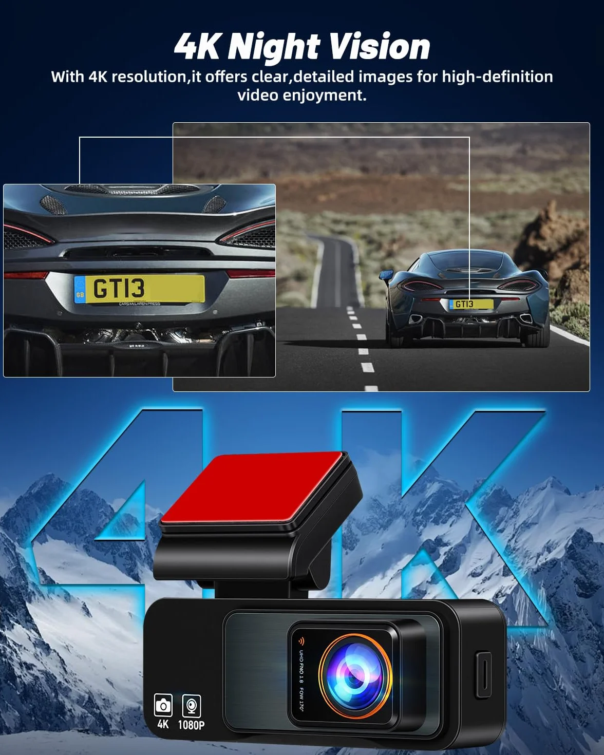 NHOPEEW Podwójna kamera na deskę rozdzielczą 4K z Wi-Fi i GPS, 3,16-calowa kamera samochodowa IPS z przodu 4K + tył 1080p, widoczność w nocy, nagrywanie w pętli, czujnik G, 24-godzinny tryb parkowania