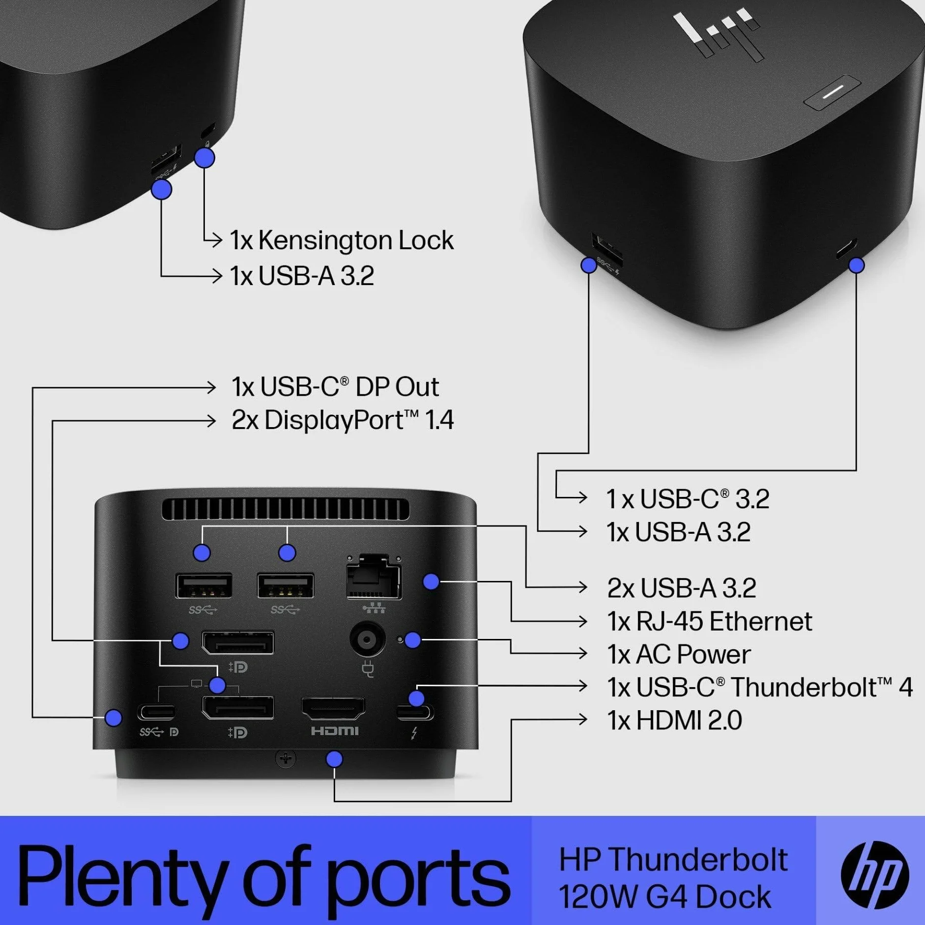 Stacja dokująca HP Thunderbolt 4 120 W G4, stacja dokująca USB C 13 w 1 z maksymalnym ładowaniem 100 W, 4 wyświetlacze 4K, port Ethernet, 6 portów USB, HDMI, 2 Displayport do laptopa, MacOS, ChromeOS