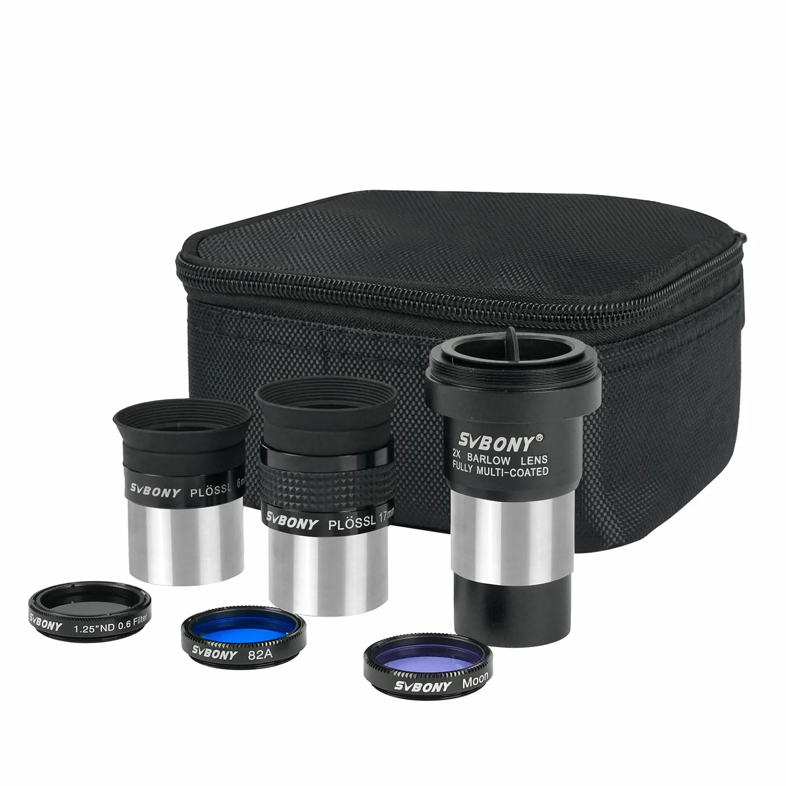 Svbony SV233 Zestaw Akcesoriów do Teleskopu Astronomicznego | Okular 6 mm, 17 mm PLOSSL, 2 Soczewki Barlowa, Filtr Księżycowy, Filtr ND4, Filtr Kolorowy 82A, z Przenośną Torbą