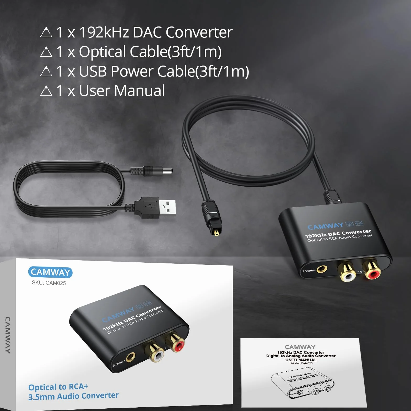 Przetwornik DAC, CAMWAY 192 kHz DAC cyfrowy na analogowy, konwerter audio, SPDIF optyczny Toslink do analogowego RCA Audio 3,5 mm adapter z kablem optycznym 1 m, konwerter DAC do TV, DVD, Blu-ray Xbox