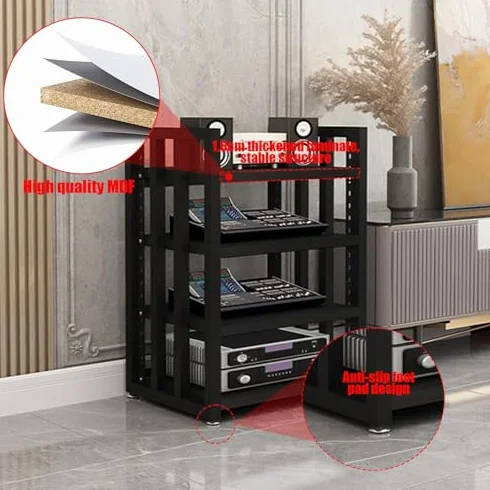 4-Poziomowa Metalowa Półka Na Sprzęt Audio, Regulowana Szafka Z Płyty Mdf, Organizer Na Sprzęt Audio Do Salonu, Do Gier, Studia Nagrań – Wykończenie Z Białego Drewna, Czarny Tek, 4-Poziomowa