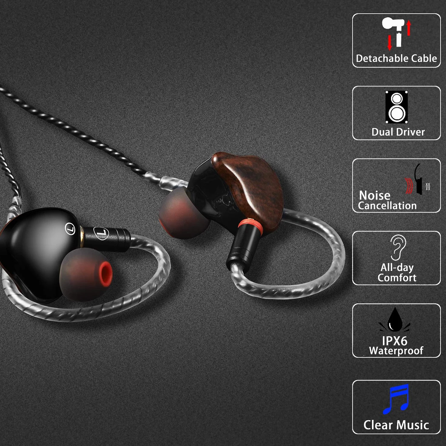 Słuchawki douszne do monitorowania, słuchawki HiFi Stereo IEM, dynamiczne, przewodowe słuchawki douszne z podwójnym sterownikiem, z odłączanym kablem, zestaw słuchawkowy z redukcją szumów, dla