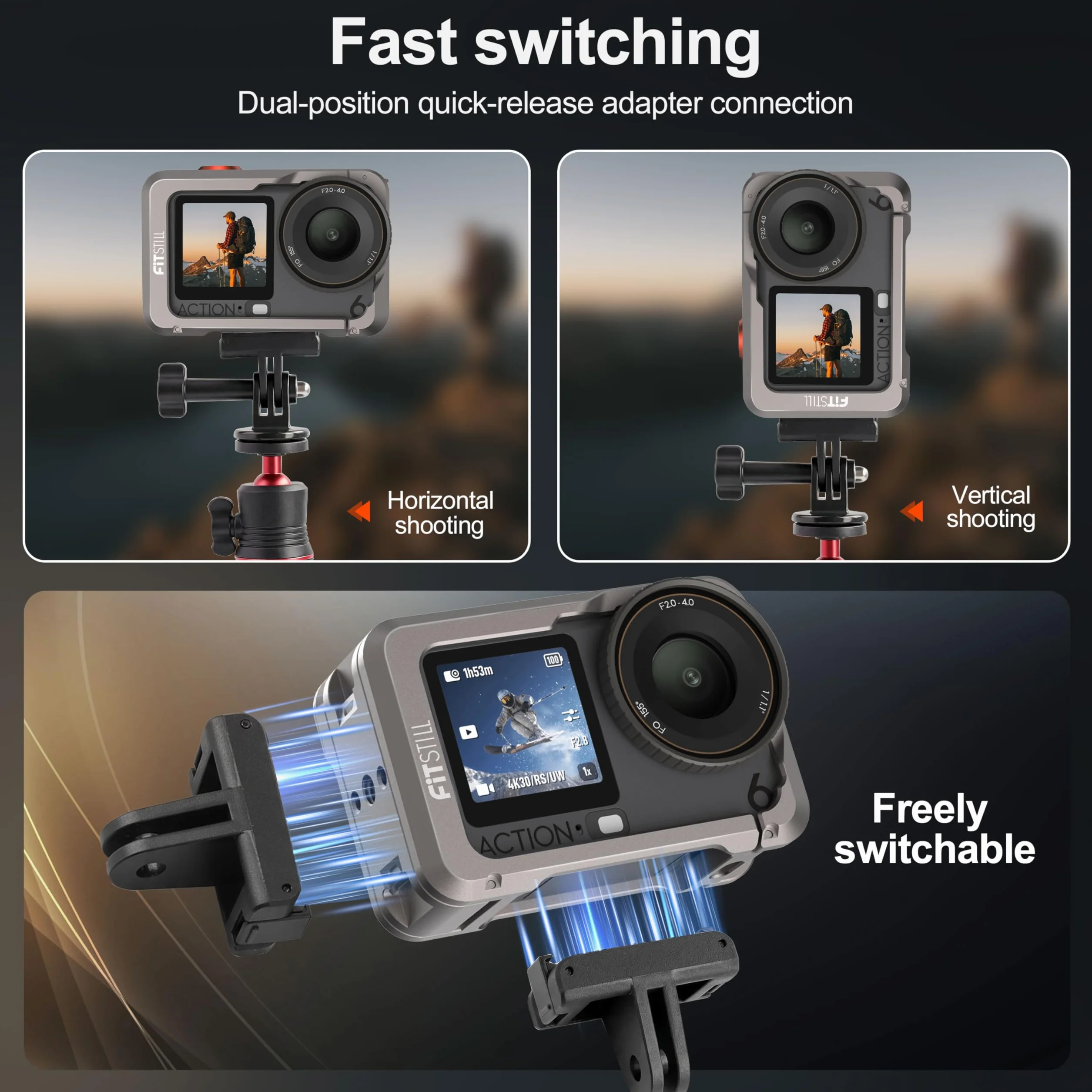 FiTSTILL Metalowa obudowa ochronna do DJI Osmo Action 6, wielofunkcyjna rama ochronna, metalowa obudowa z szybkim zapięciem, śruba 1/4" i stopka błyskowa, akcesoria do Action 6