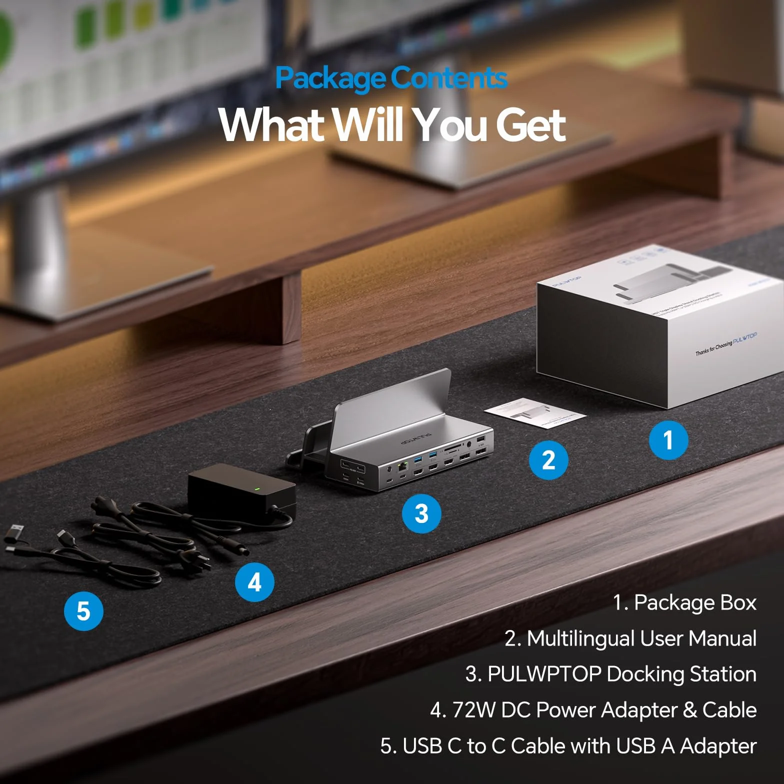 19 w 1 Triple Display stacja dokująca z podwójnym stojakiem, 3HDMI + 2DP4K, PD100W | PULWTOP Stacja dokująca do laptopa, 3 monitory z Ethernet, 10 Gbit/s USB-C/A, do MacOS i Windows (wymagane sterowniki)