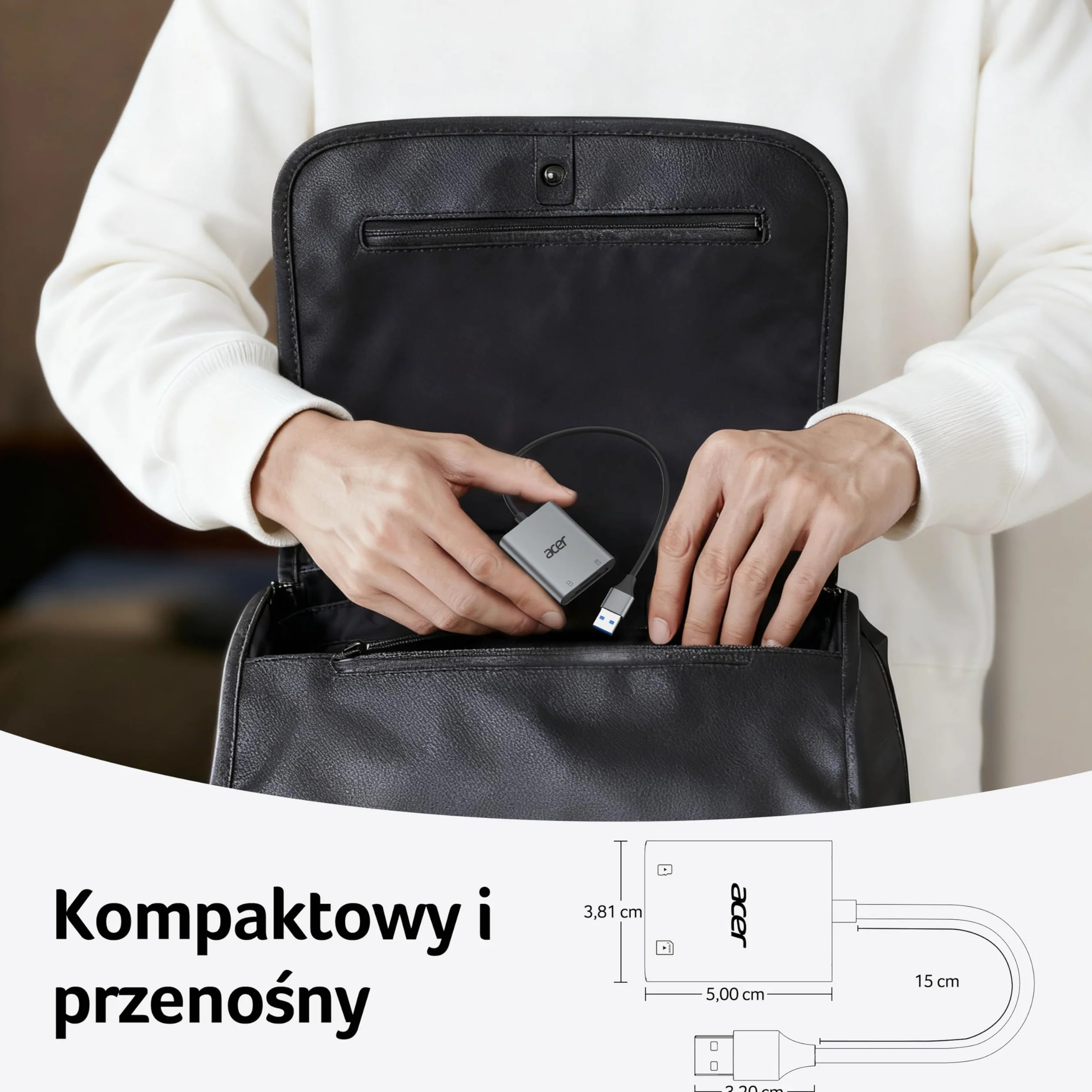 Acer Czytnik kart SD USB 3.0 z kablem, Aluminiowy czytnik kart pamięci UHS-I, USB-A Adapter micro SD Wysoka prędkość, do kart SDXC, micro SDHC, TF, RS-MMC, Komputer, PC, laptop, kamera szlakowa
