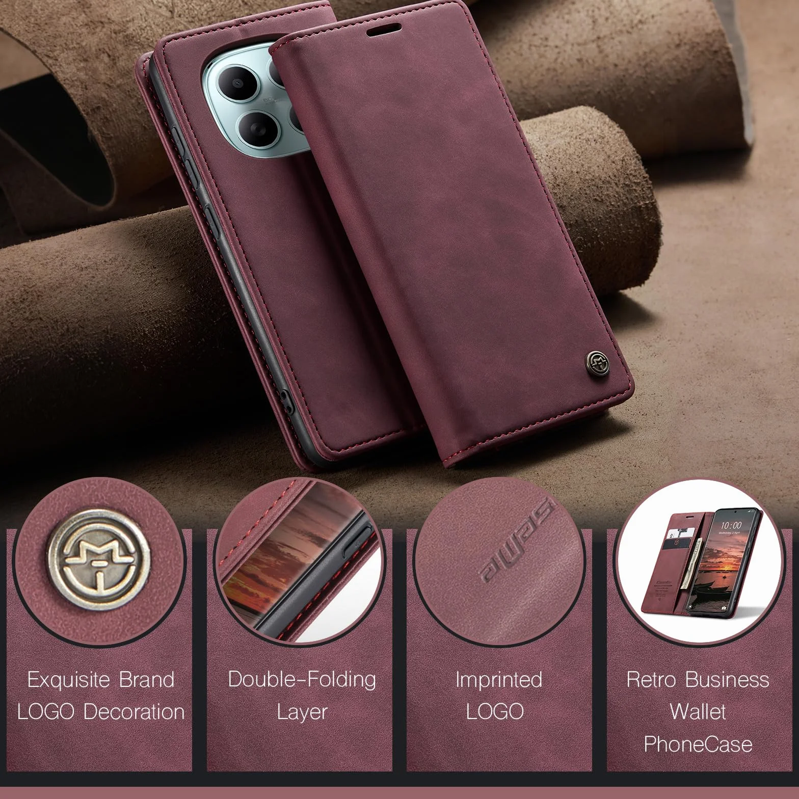 Portfel Etui do Xiaomi Redmi Note 15 4G Case, Skórzane PU z Klapką, Pełna Ochrona Przegródki na Karty Stojak Magnetyczna Kieszeń do Xiaomi Redmi Note 15 4G, Czerwone wino
