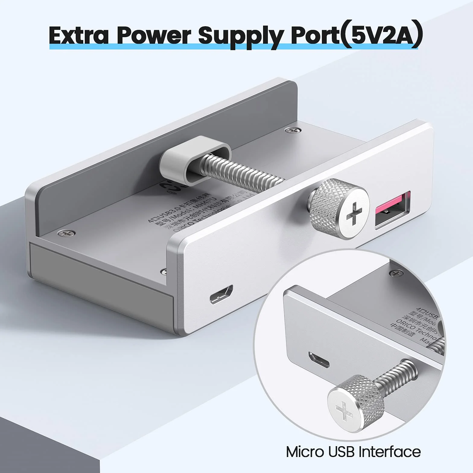 ORICO Adapter zaciskowy koncentratora USB 3.0, aluminiowy 4-portowy rozdzielacz USB z dodatkowym portem zasilania i kablem danych USB 4,92 FT, ultra-przenośny rozszerzacz USB do 2021 iMac/laptop/PC