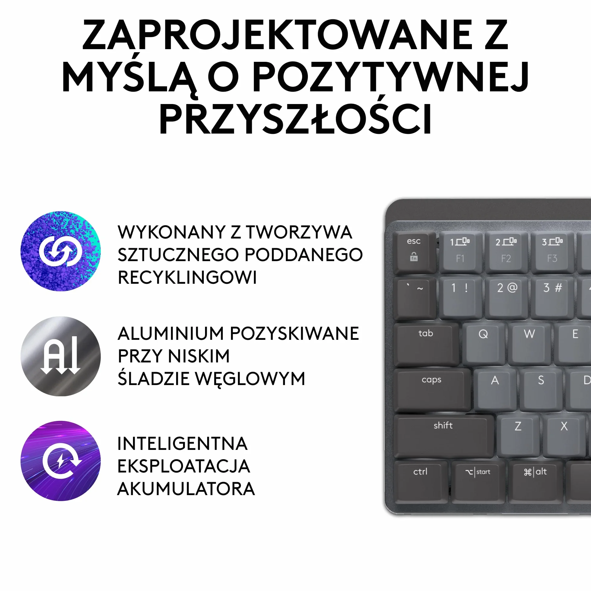 Logitech MX Mechanical Bezprzewodowa Klawiatura Mini podświetlana klawisze Tactile Quiet, Bluetooth, USB-C, macOS, Windows, Linux, iOS, Android, Metal, QWERTY układ US international - Szary