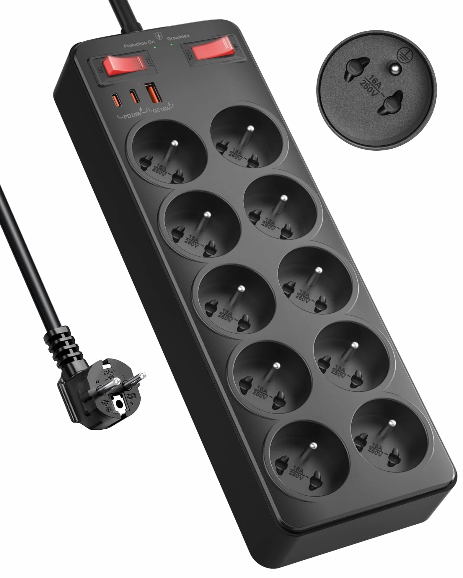 Listwa Zasilająca Przeciwprzepięciowa, Polskie 10 Gniazda z Masą 16A 2P+T | Listwa Zasilająca USB C z Wyłącznikami, Wielokrotne Gniazdo Wtyczka Schuko Typu E, Elektryczne Przedłużacz 2 M Kabel, Czarny
