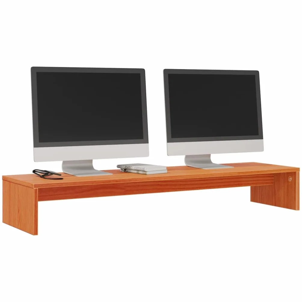 Stojak na monitor, woskowany brąz, lite drewno sosnowe, 100 x 27 x 15 cm, ergonomiczne podwyższenie do stołu komputerowego i podstawki pod komputer, miejsce do odkładania do biura, domowego