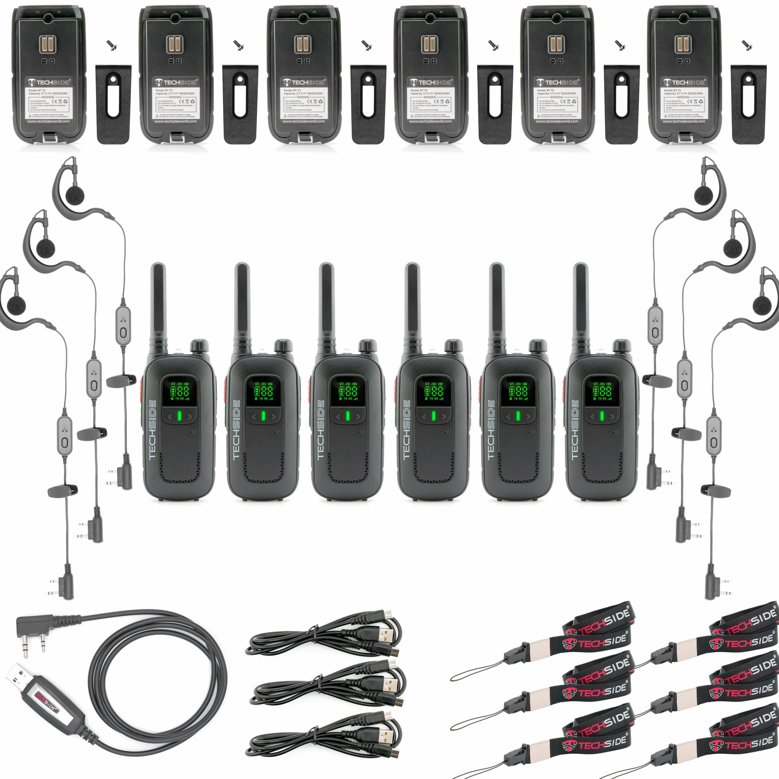 Techside TS-T2 Profesjonalna Krótkofalówka Walkie Talkie PMR446 16 Kanałów (Bez Zezwoleń) | VOX 5 Poziomów | Automatyczne Skanowanie Kanałów | Słuchawka i Ładowarka USB Pełny Zestaw | Zestaw 6 szt.