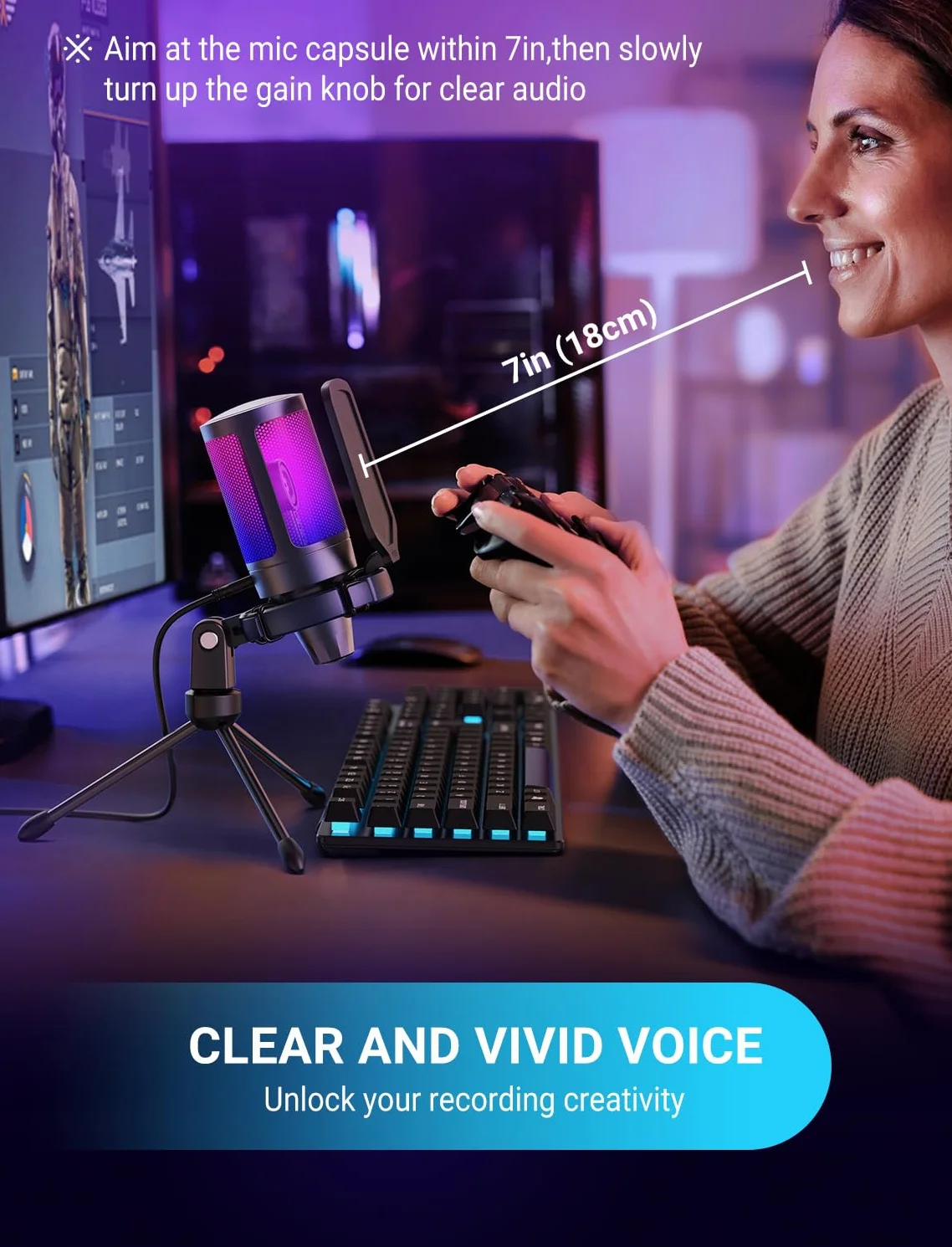 FIFINE PS5 mikrofon pojemnościowy RGB z przyciskiem Tap-to-Mute, odporny na wstrząsy, filtr pop, kontrola wzmocnienia do przesyłania strumieniowego, podcastu, Discord, Twitcha, AmpliGame