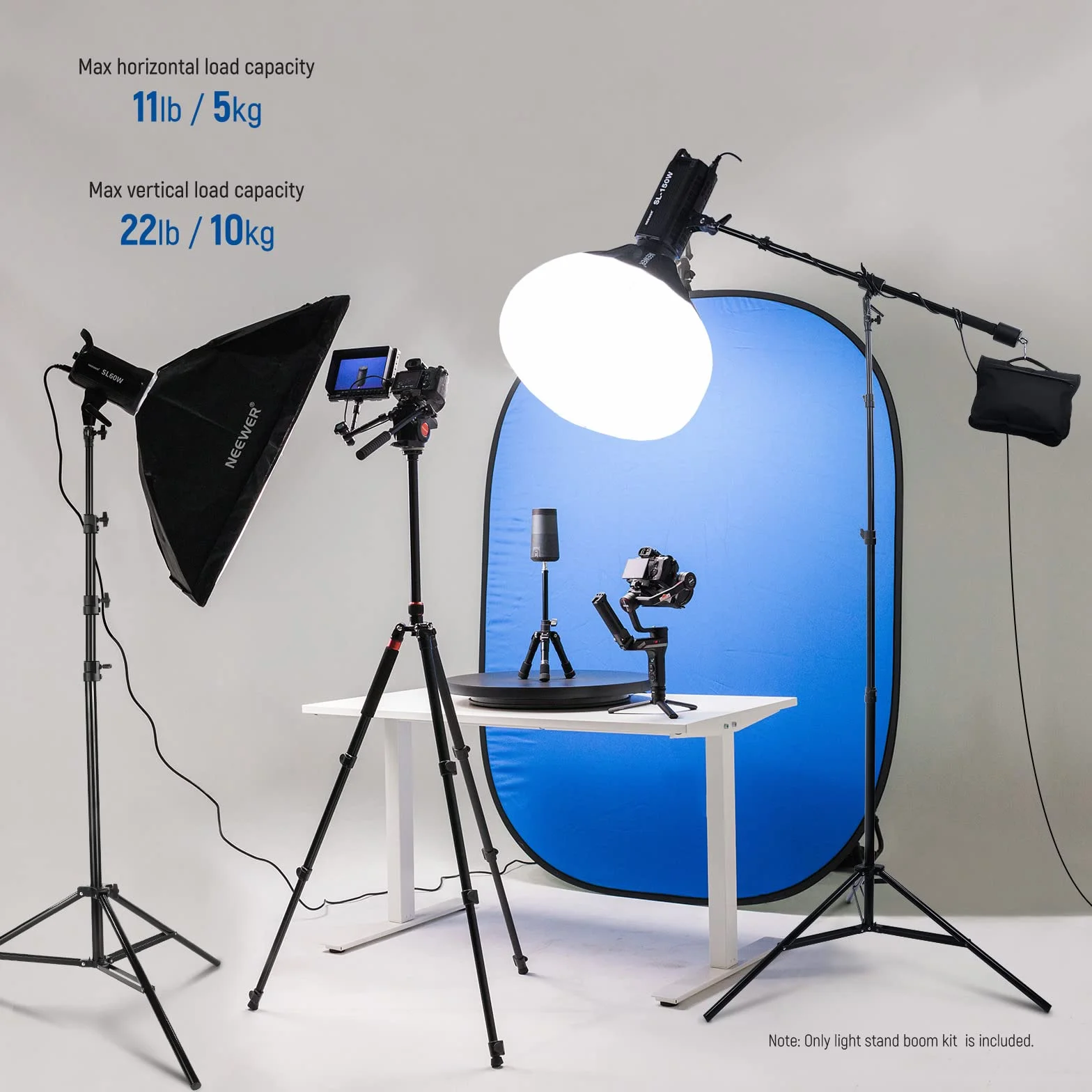 NEEWER Aluminiowy stojak oświetleniowy z amortyzacją powietrzną, regulowany stojak fotograficzny z ramieniem wysięgnika, przeciwwagą, workiem z piaskiem, śruba 1/10.2 cm do softboxa, lampy błyskowej,