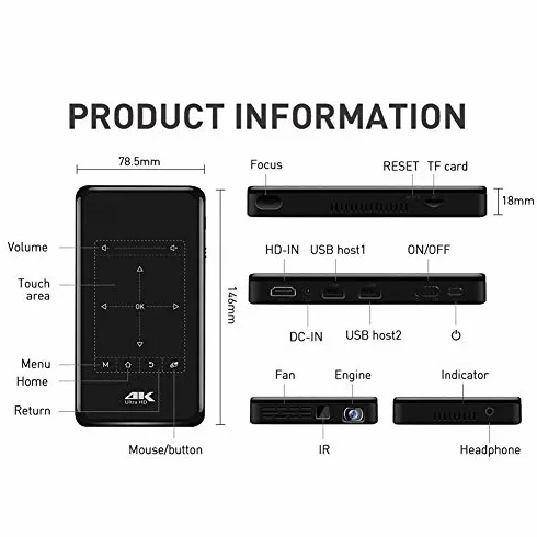 Mini projektor kieszonkowy, inteligentny projektor DLP Pico obsługuje wejście HD/dekodowanie 4K HD ze złączem HDMI USB/ekranem dotykowym/RC, do kina domowego, na rodzinne imprezy (Android 6.0) (ME)