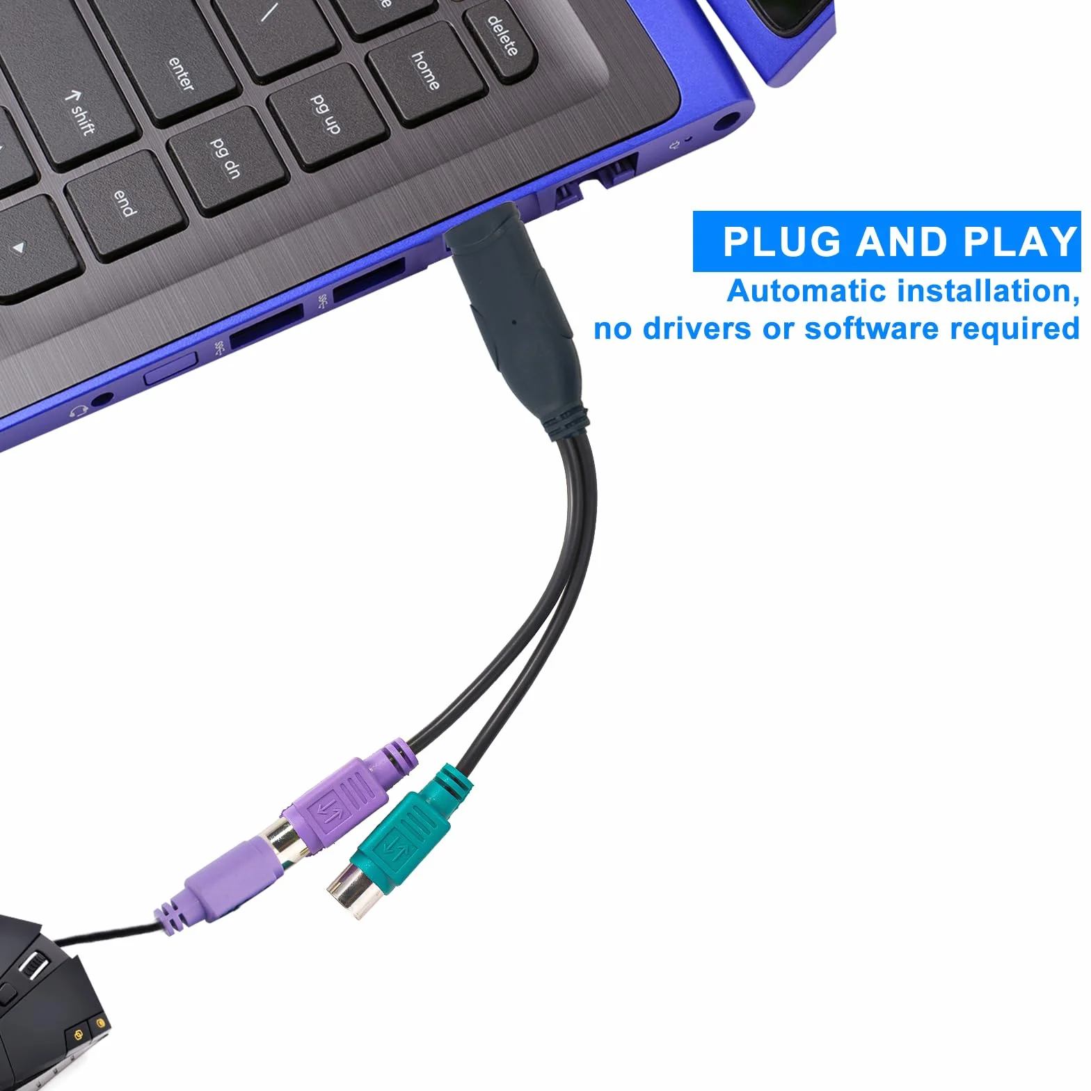 2szt Adapterów PS2 do USB, 18,9cm Długości Konwerter Klawiatury i Myszy PS/2 na USB (Porty Fioletowe i Zielone)
