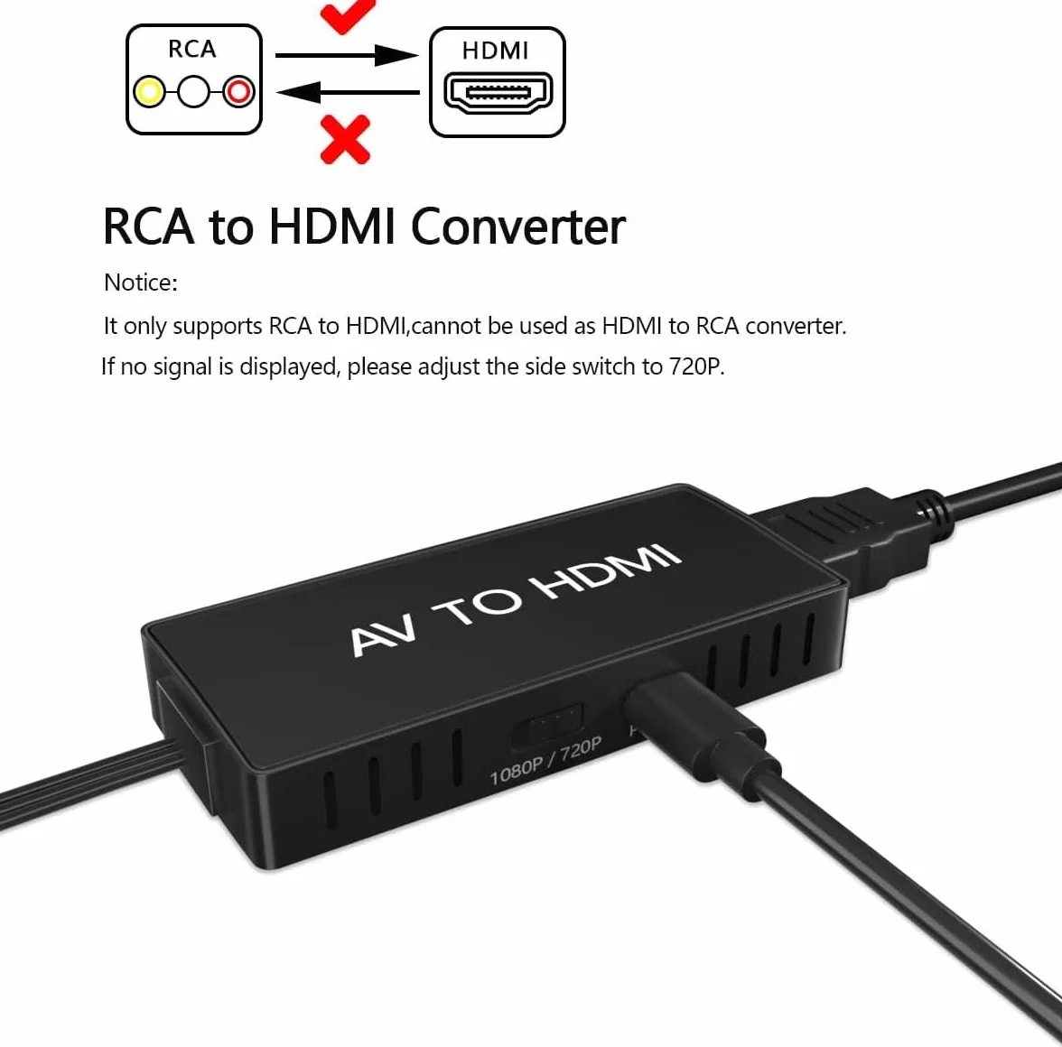 Konwerter RCA na HDMI, adapter AV na HDMI, 720P/1080P RCA Composite CVBS Adapter obsługuje PAL/NTSC do komputera, laptopa, telewizora, WII, Xbox, PS2, PS3, STB, VHS, VCR, odtwarzaczy DVD