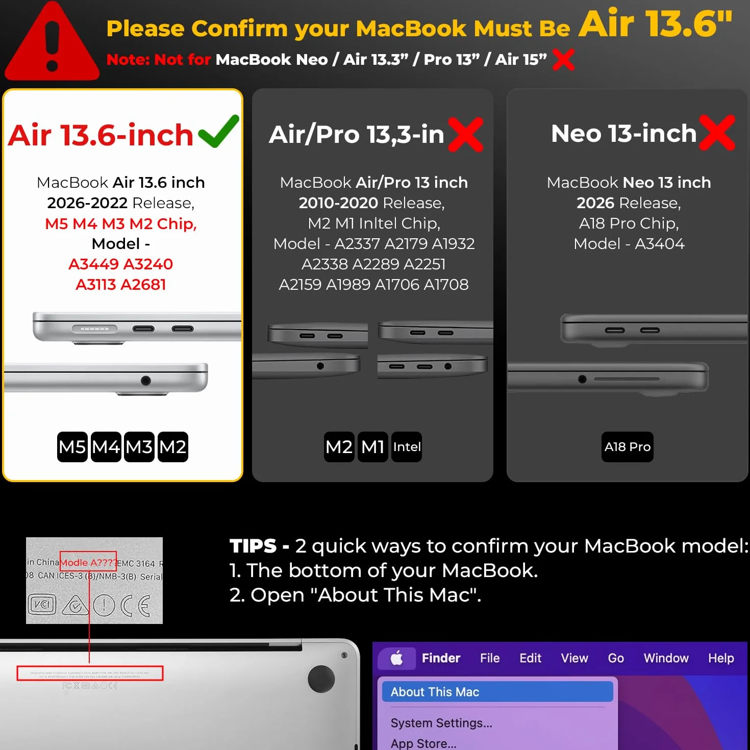 EooCoo Etui Kompatybilne z MacBook Air 13,6 cala M5 M4 M3 M2 2026 2025-2022 (A3449 A3240 A3113) z Touch ID, Sztywna Plastikowa Osłona Ochronna dla Mac 13" Gładka Powierzchnia - Krystalicznie Czysty