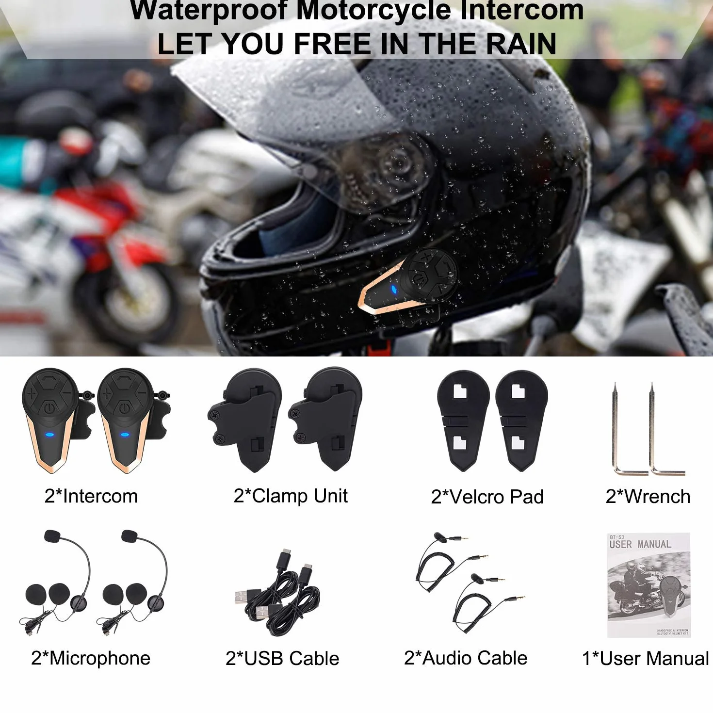 Domofony Kask motocyklowy Bluetooth Słuchawki BT-S3 Komunikacja Komunikacja Bezprzewodowy Zestaw Słuchawkowy z Radiem (2 opakowanie, złoty)