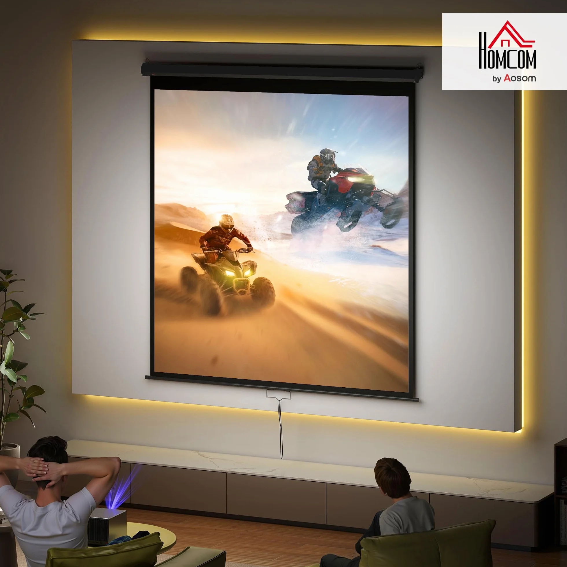 HOMCOM Ekran projekcyjny 99" 1:1 HD 4K, metalowa obudowa, 178 x 178 cm, czarny | Wideoprojektor rozwijany, ręcznie regulowana wysokość, do kina domowego, biura, w podróży