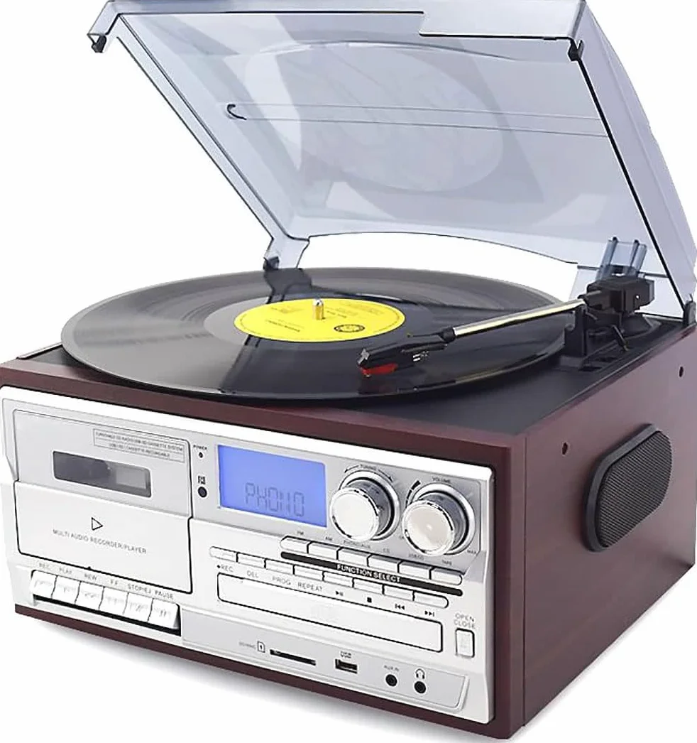 Gramofon winylowy, 3-biegowy gramofon z odtwarzaczem CD, radio, USB/SD, pilot zdalnego sterowania, napęd pasowy, funkcja digitalizacji, gniazdo kasety dla miłośników muzyki