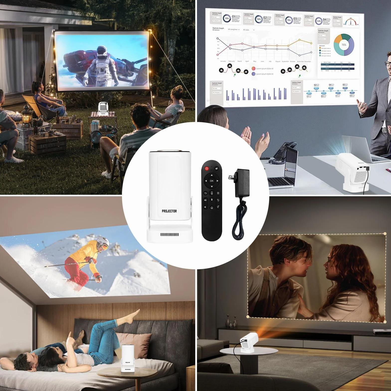 DCHAV Przenośny projektor bezprzewodowy z regulacją 180° – dekodowanie wideo 4K, system Android, automatyczna korekcja trapezu, kino domowe na zewnątrz, kompatybilny z telefonem i laptopem