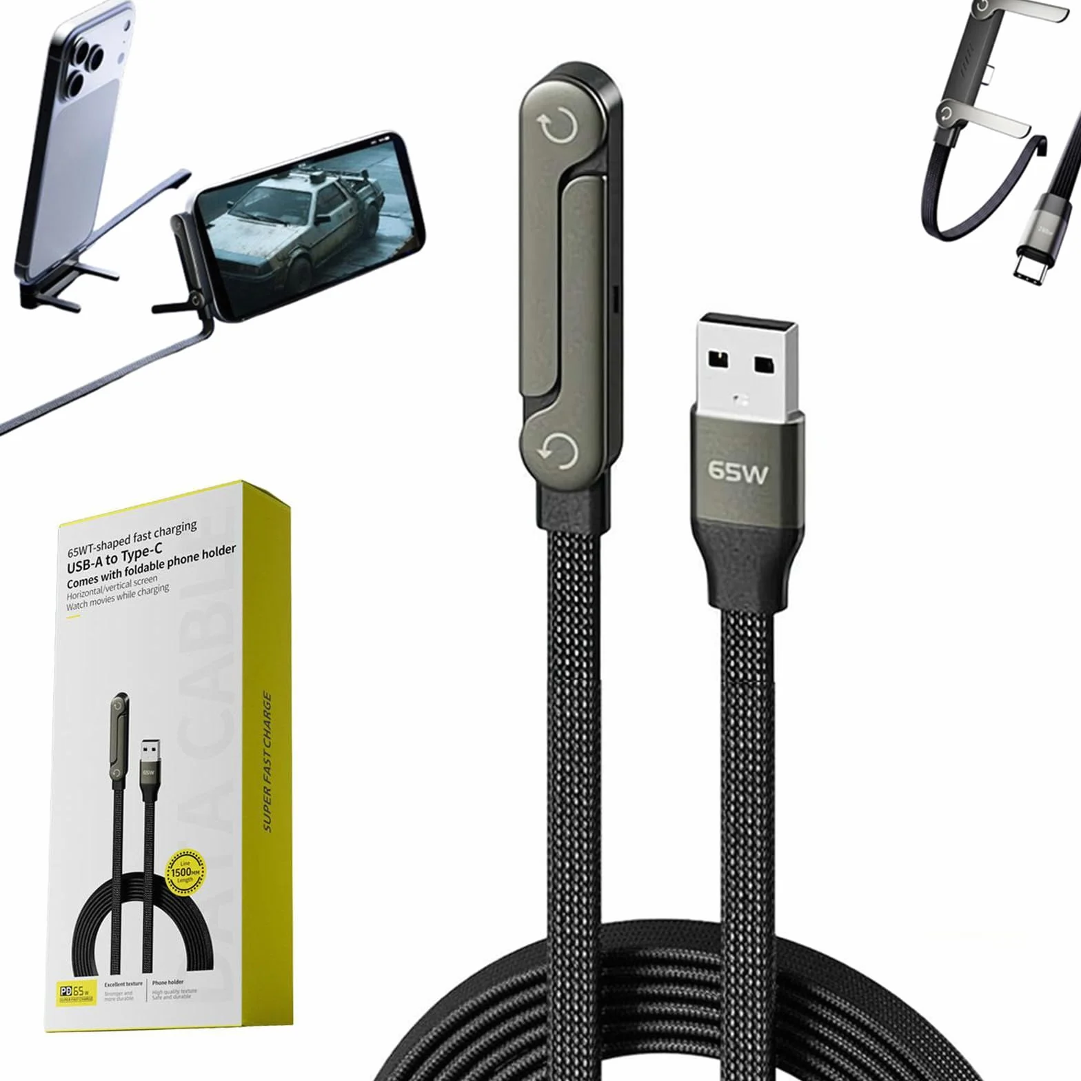 Kabel do ładowania z niewidocznym uchwytem, 65 W, super szybkie ładowanie, kabel do szybkiego ładowania 2 w 1 i wielokątny stojak na telefon do gier, biura, podróży samochodem, kabel do ładowania typu