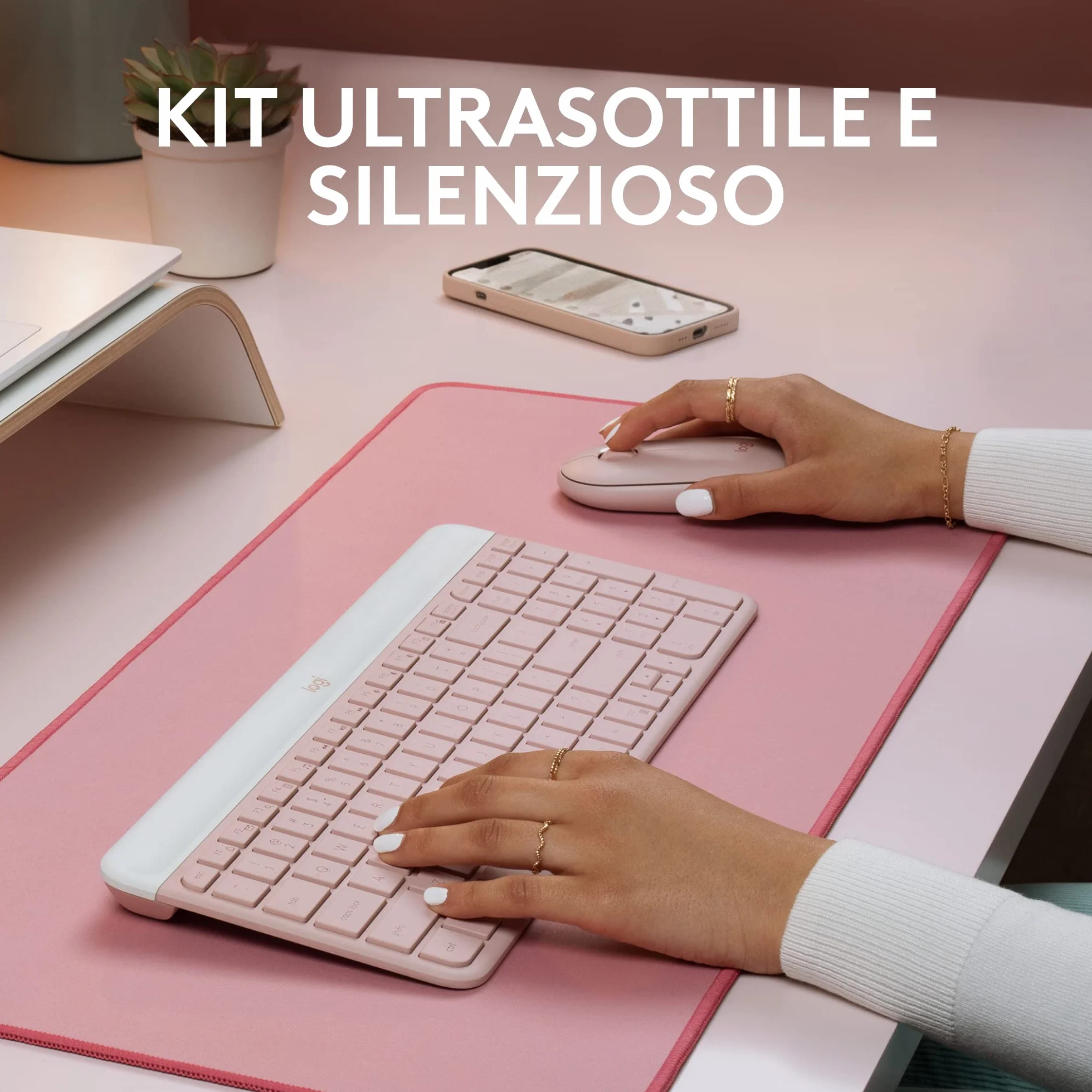 Logitech Klawiatura i Mysz Bezprzewodowa, MK470, Kompaktowy Układ Klawiszy, Cicha, Odbiornik USB 2,4 GHz, Plug n' Play, QWERTY Układ Włoski, Różowy