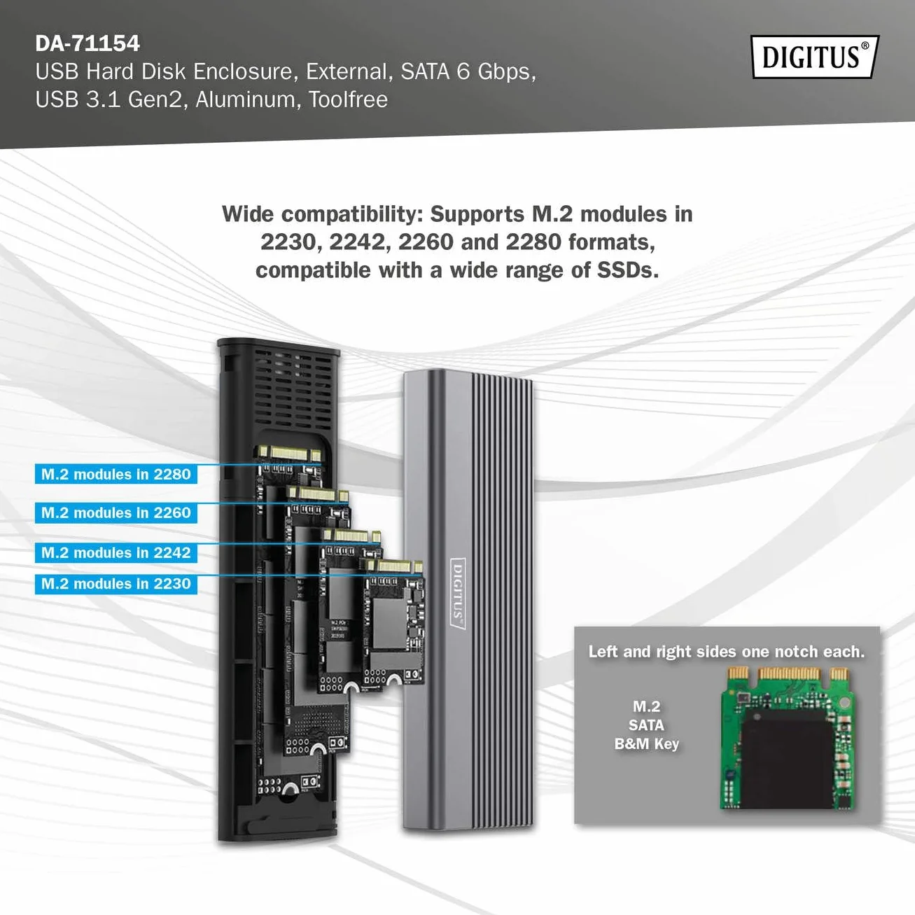 DIGITUS Zewnętrzna obudowa M.2 - USB 3.1 Gen2 Typ-C - 6 Gbit/s - obsługuje SATA SSD do 8 TB - do dysków SSD 2230/2242/2260/2280 z B-Key - bez narzędzi - obudowa aluminiowa - szara