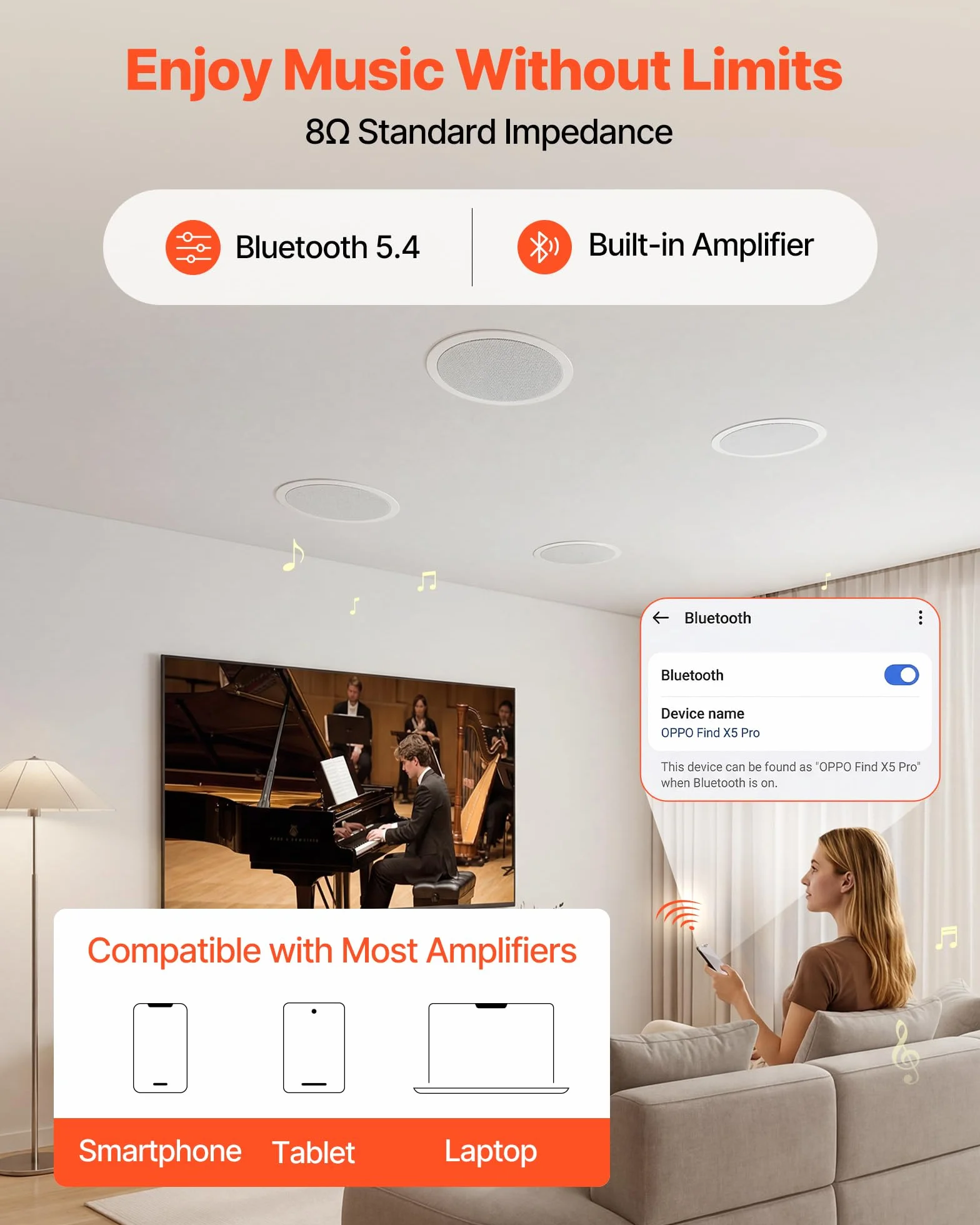 VEVOR Wbudowany głośnik sufitowy Bluetooth 165,1 mm, 4-częściowy zestaw głośników sufitowych do wilgotnych pomieszczeń, kino domowe, salon, zadaszony ganek, ze wzmacniaczem, 2-drożny montaż podtynkowy